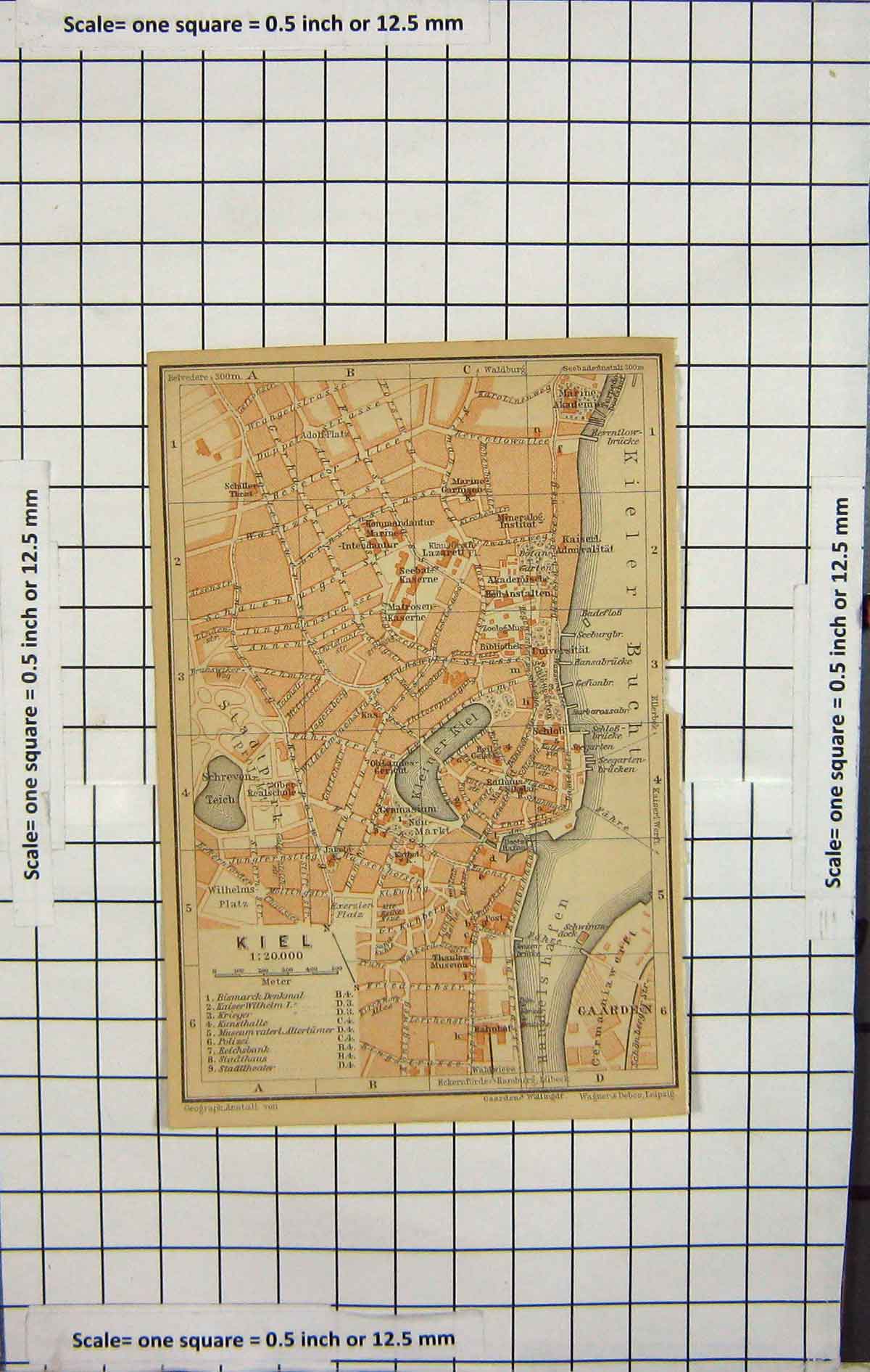 Original Old Antique Print Map Germany Street Plan Kiel Kieler Bucht