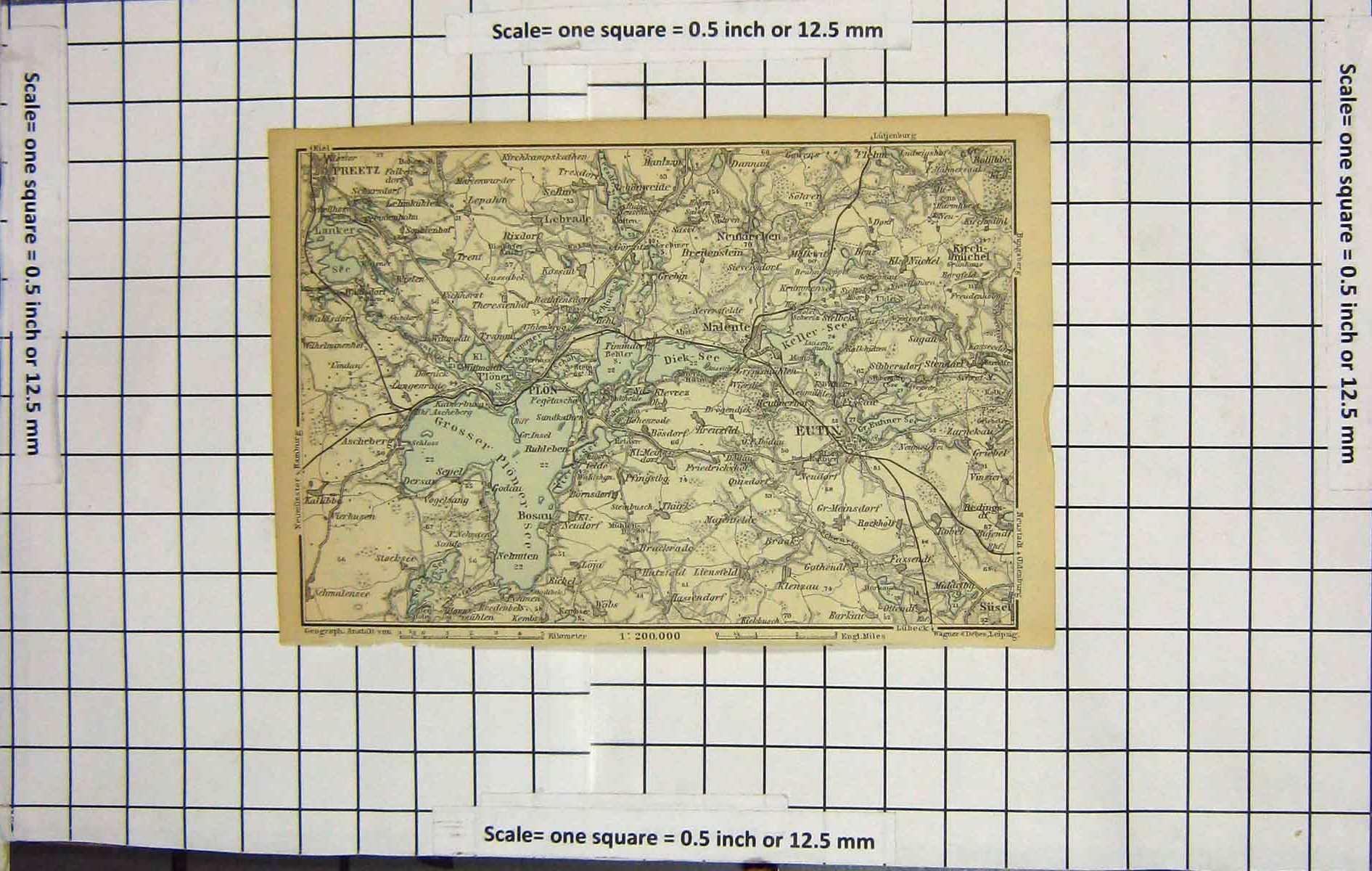 Original Old Antique Print Map Germany Preetz Malente Eutin Plon Bosau