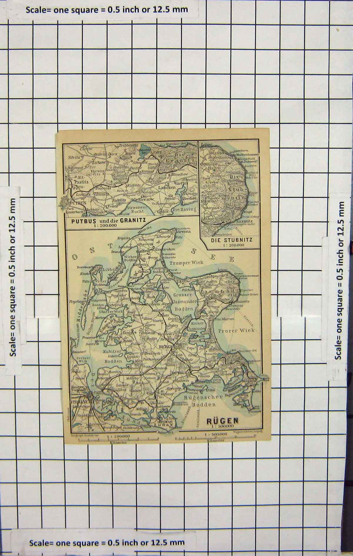 Original Old Antique Print Map Germany Rugen Stubnitz Putbus Granitz