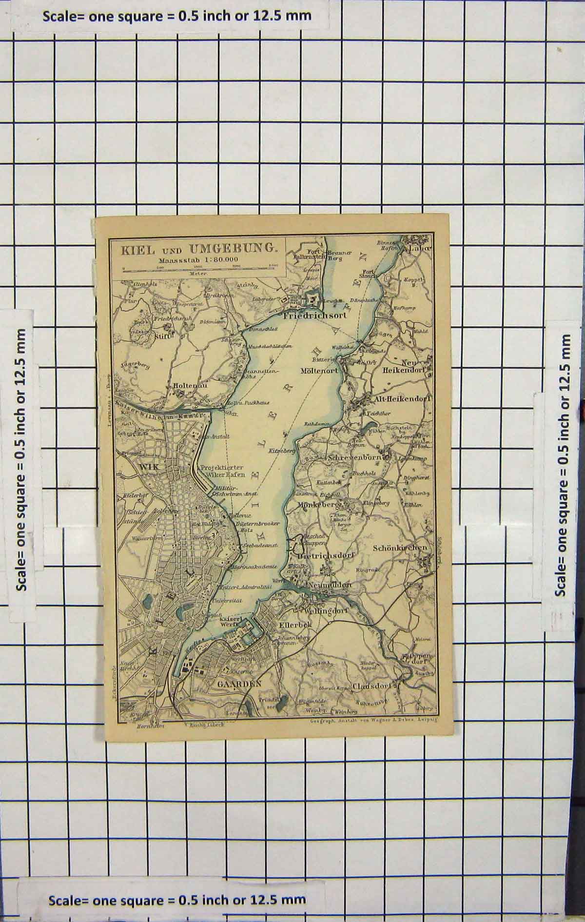 Original Old Antique Print Map Germany Kiel Umgebung Friedrichsort Wik