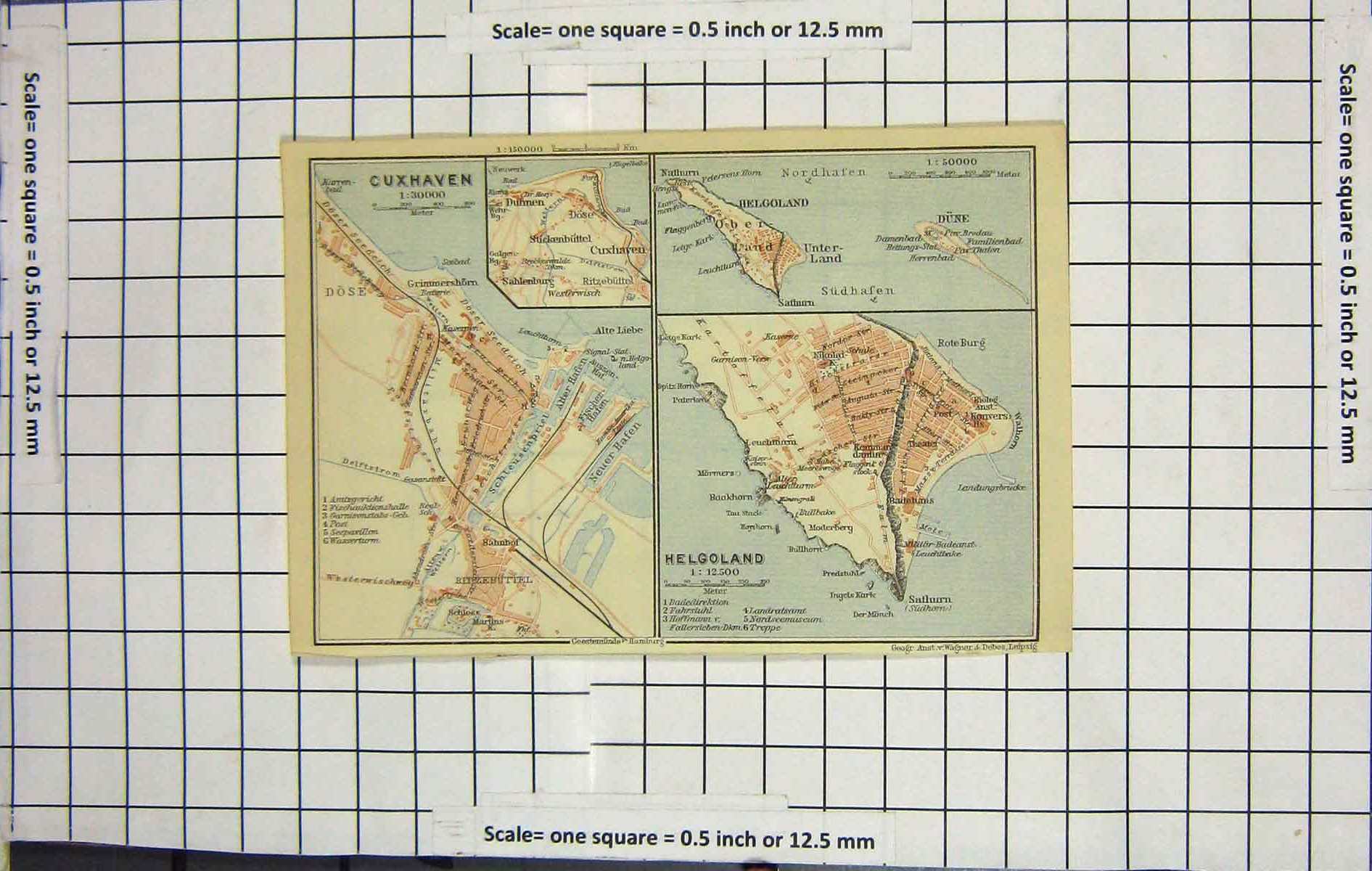 Original Old Antique Print Map Germany Street Plan Cuxhaven Helgoland