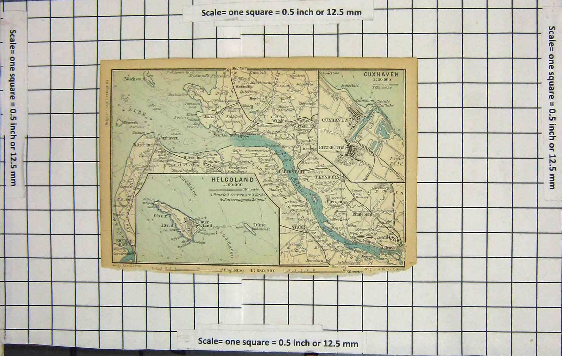 Original Old Antique Print *101 Map Germany Street Plan Cuxhaven Helgoland