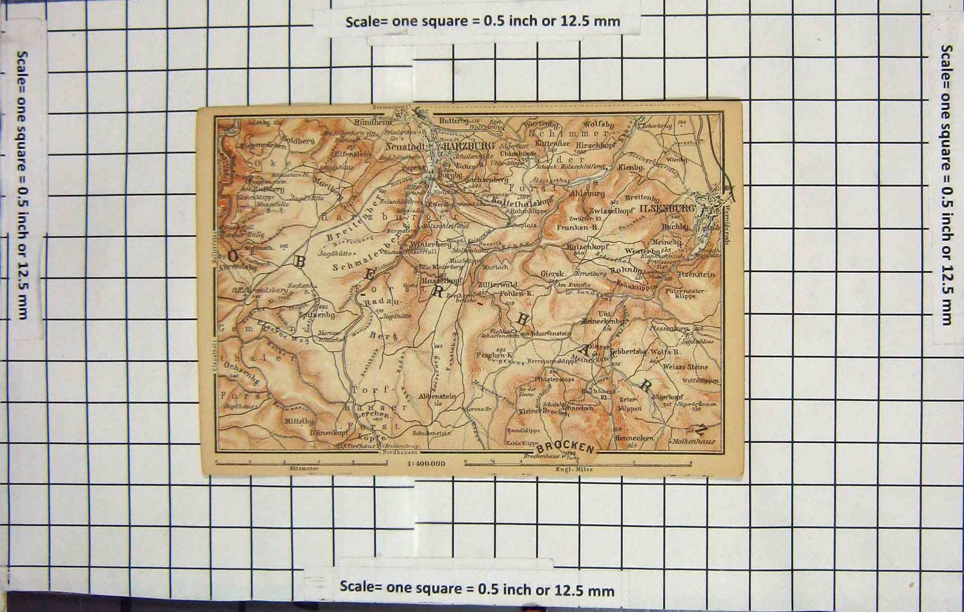 Original Old Antique Print Map Germany Harzburg Brocken Ilsenburg