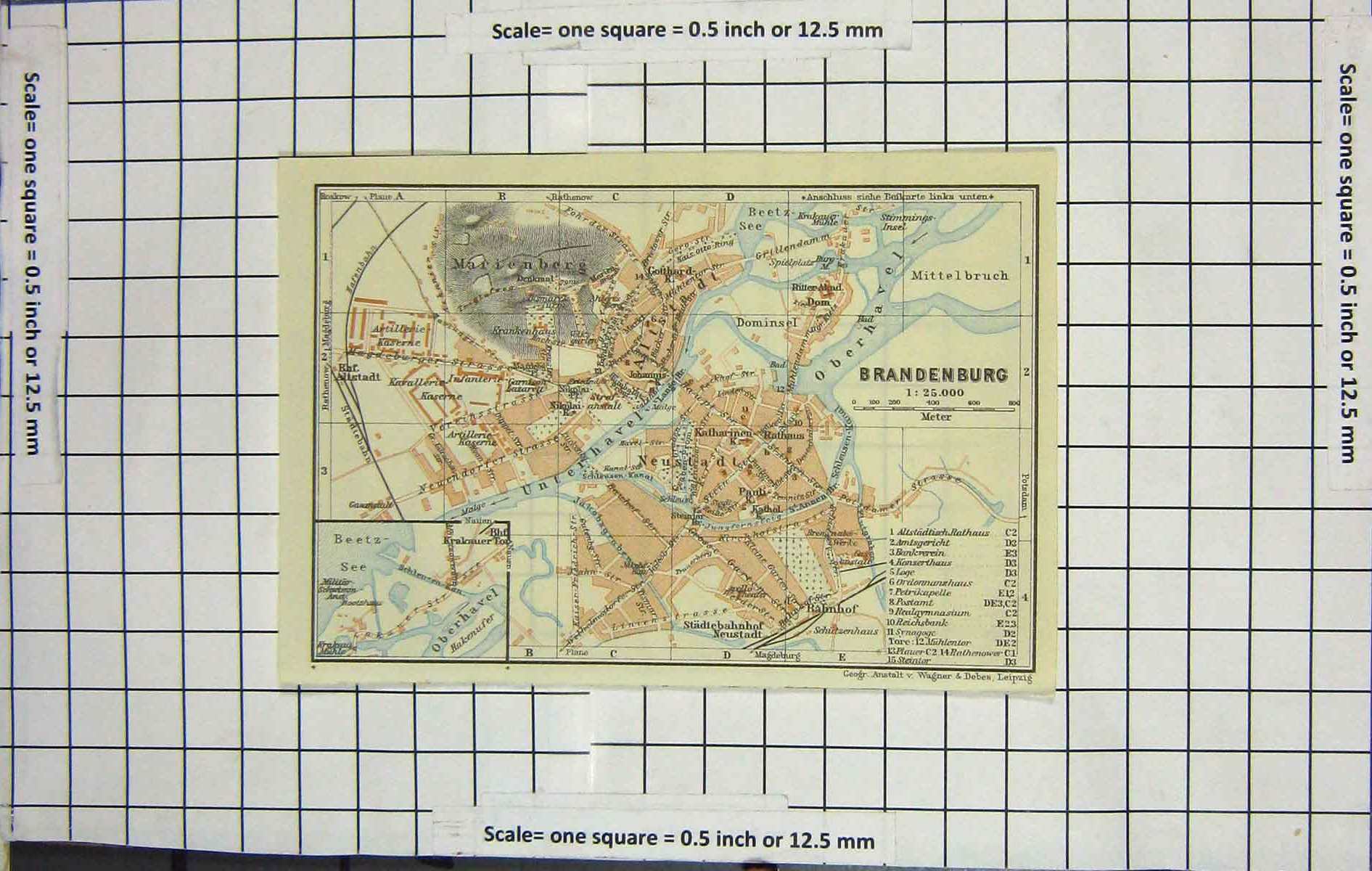 Original Old Antique Print *102 Map Germany Street Plan Brandenburg Marienberg