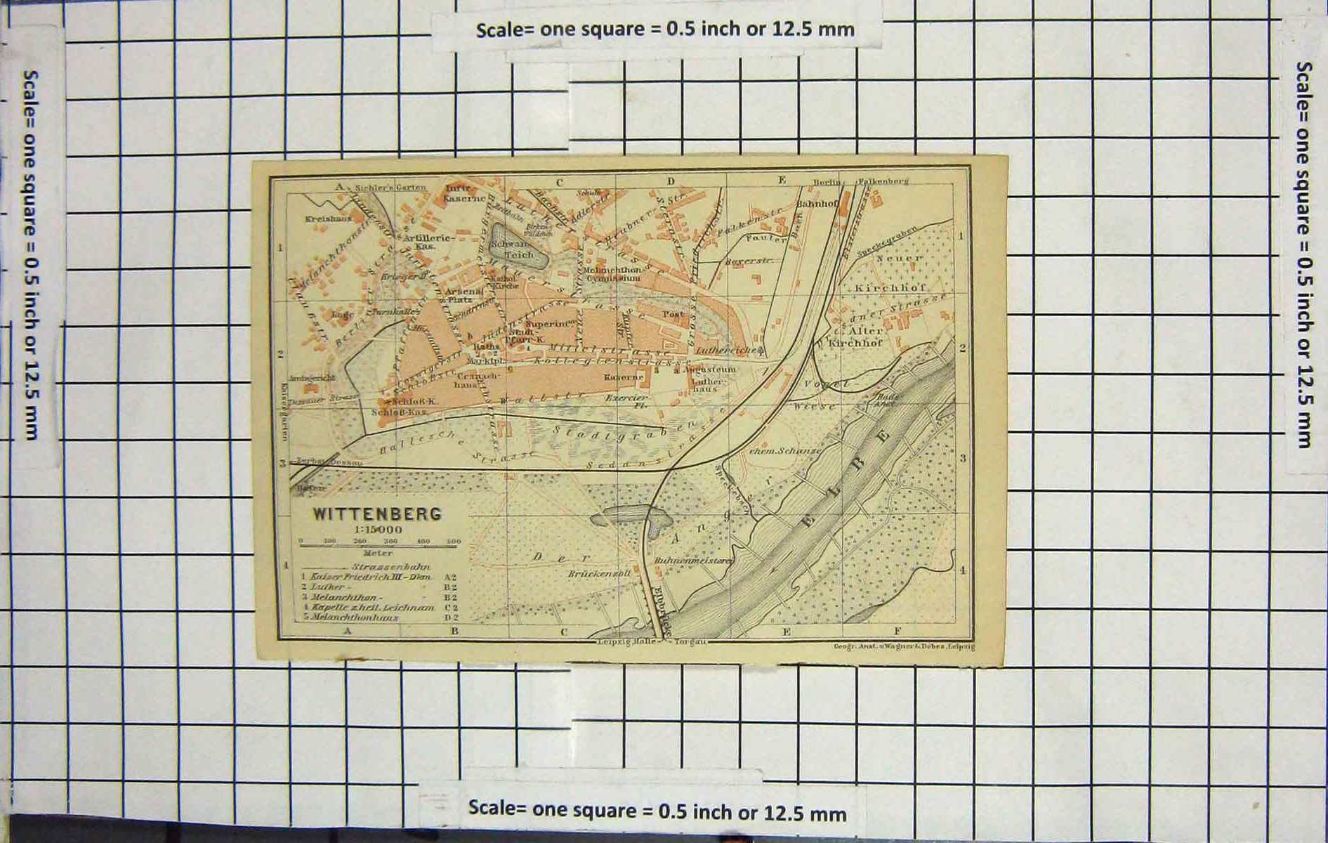 Original Old Antique Print Map Germany Street Plan Wittenberg Elbe River