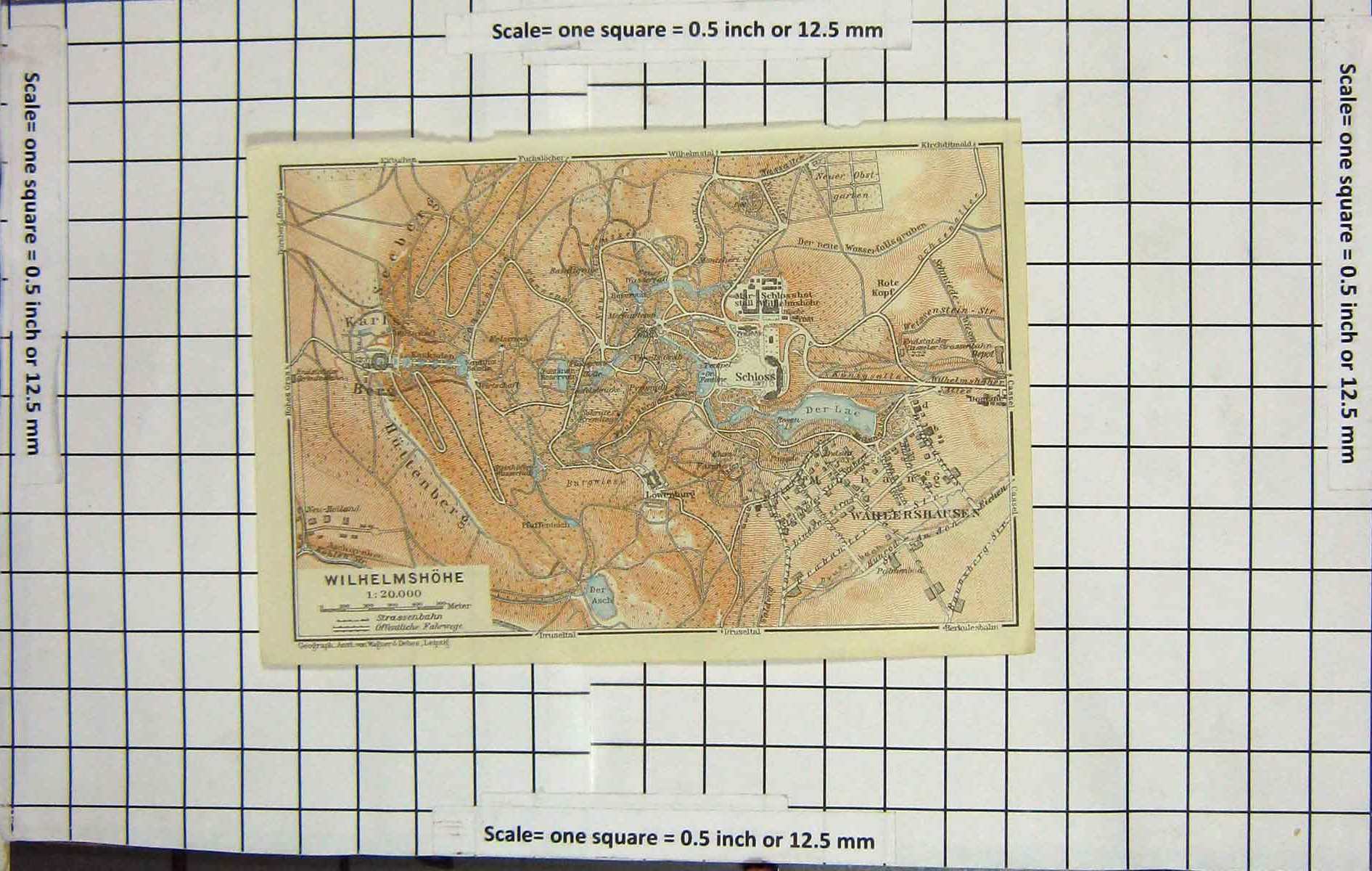 Original Old Antique Print Map Germany Wilhelmshohe Schloss Seeberg Karls