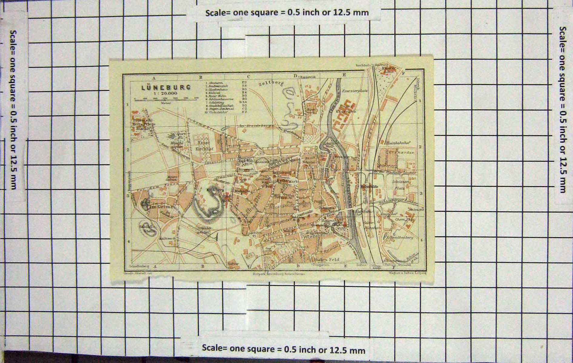Original Old Antique Print Map Germany Street Plan Luneburg Zeltberg