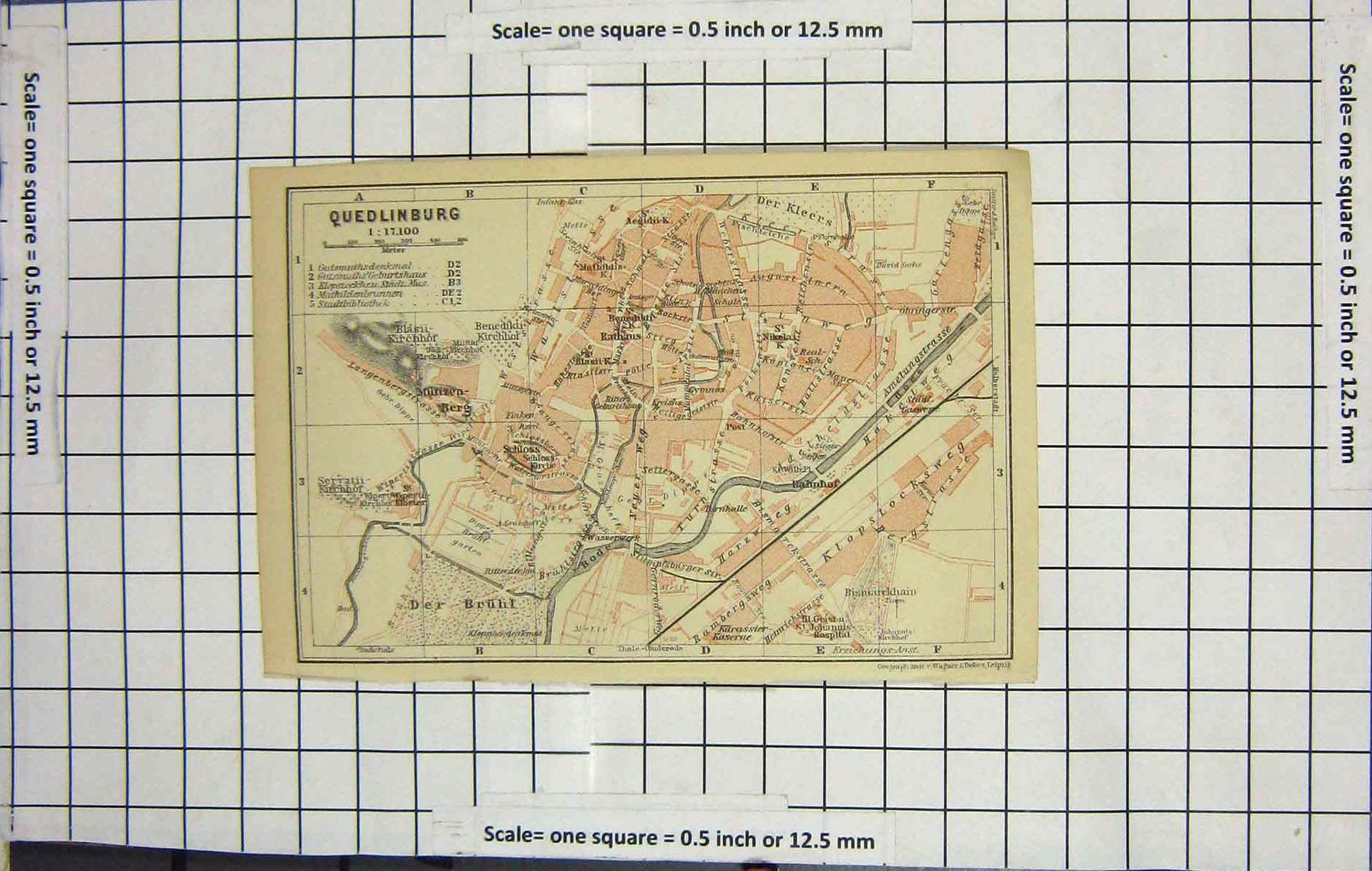 Original Old Antique Print Map Germany Street Plan Quedlinburg Rode River