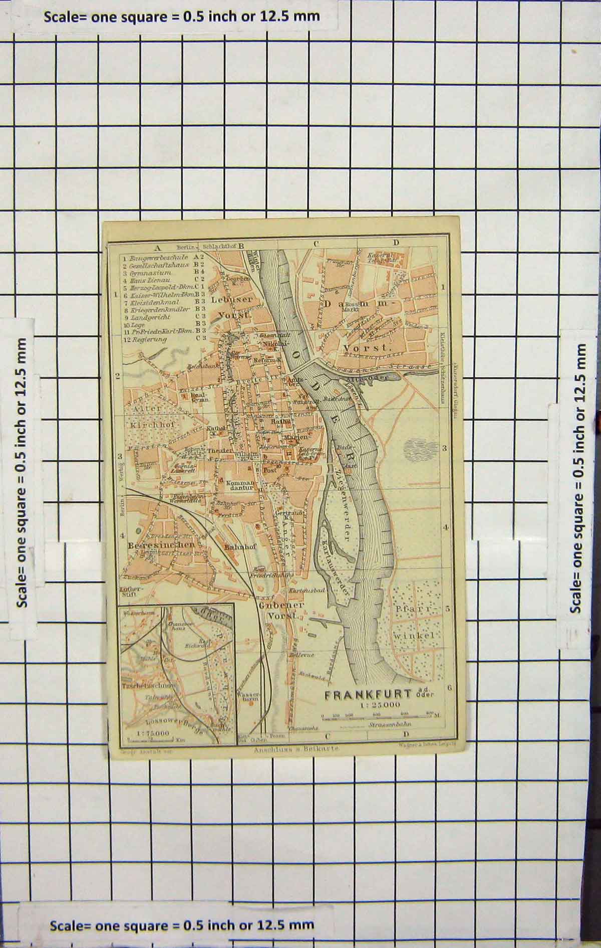 Original Old Antique Print Map Germany Street Plan Frankfurt Oder River
