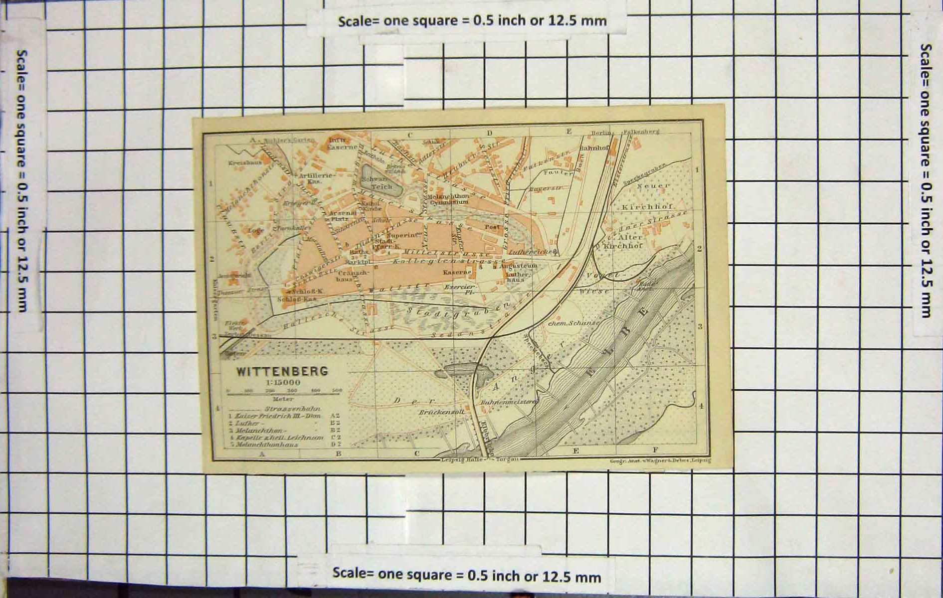 Original Old Antique Print *103 Map Germany Street Plan Wittenberg Elbe River