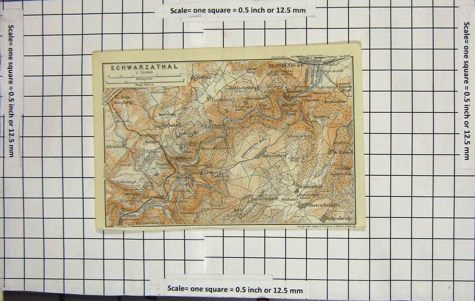 Original Old Antique Print Map Germany Schwarzathal Blankenburg