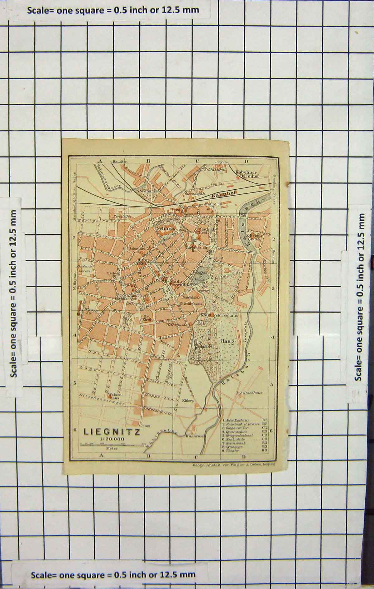 Original Old Antique Print Map Germany Street Plan Liegnitz Kalzbach River
