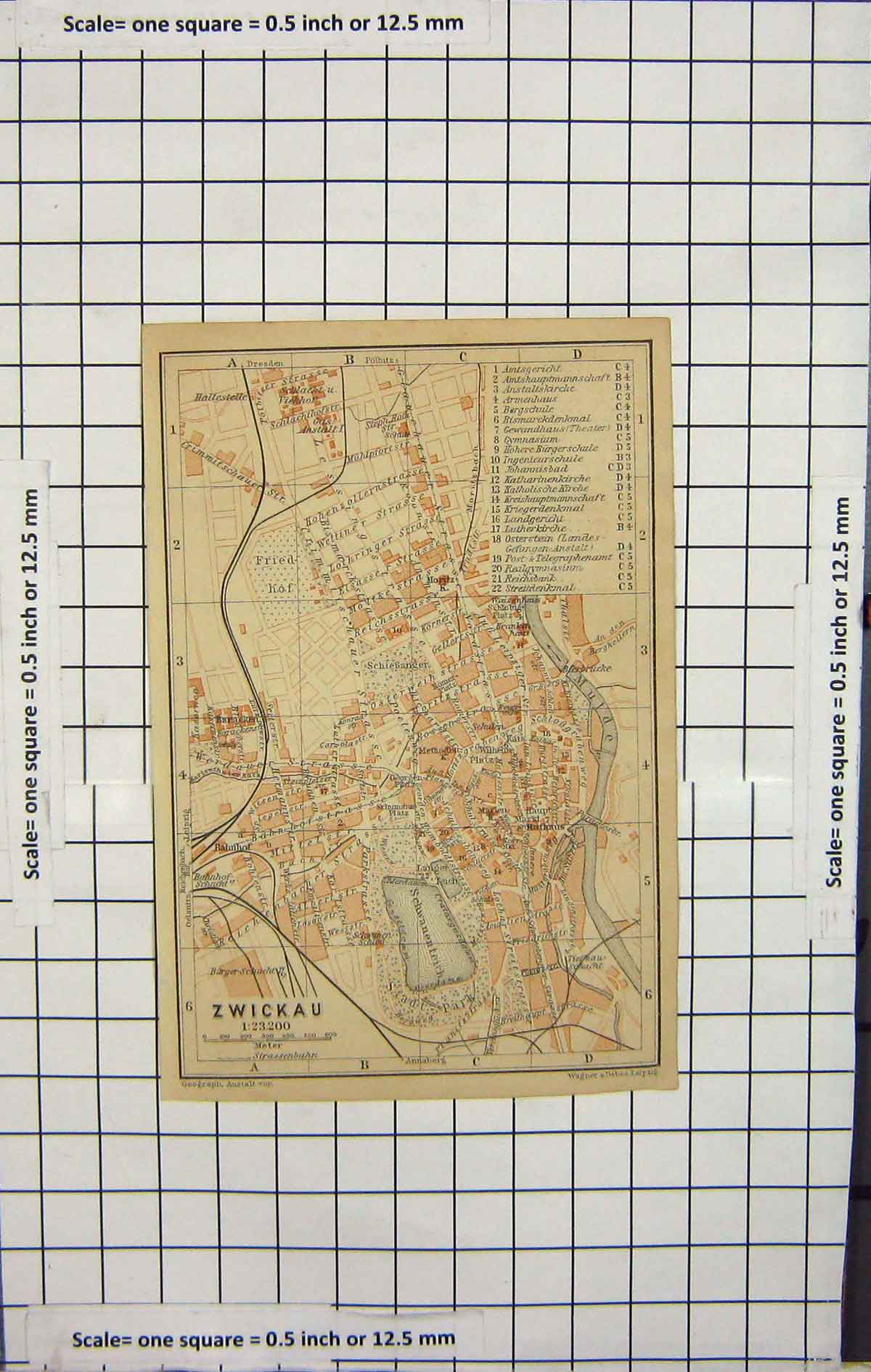 Original Old Antique Print Map Germany Street Plan Zwickau Mulde River