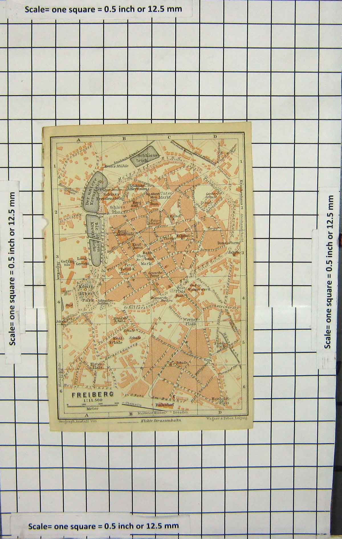 Original Old Antique Print Map Germany Street Plan Freiberg Albert Park