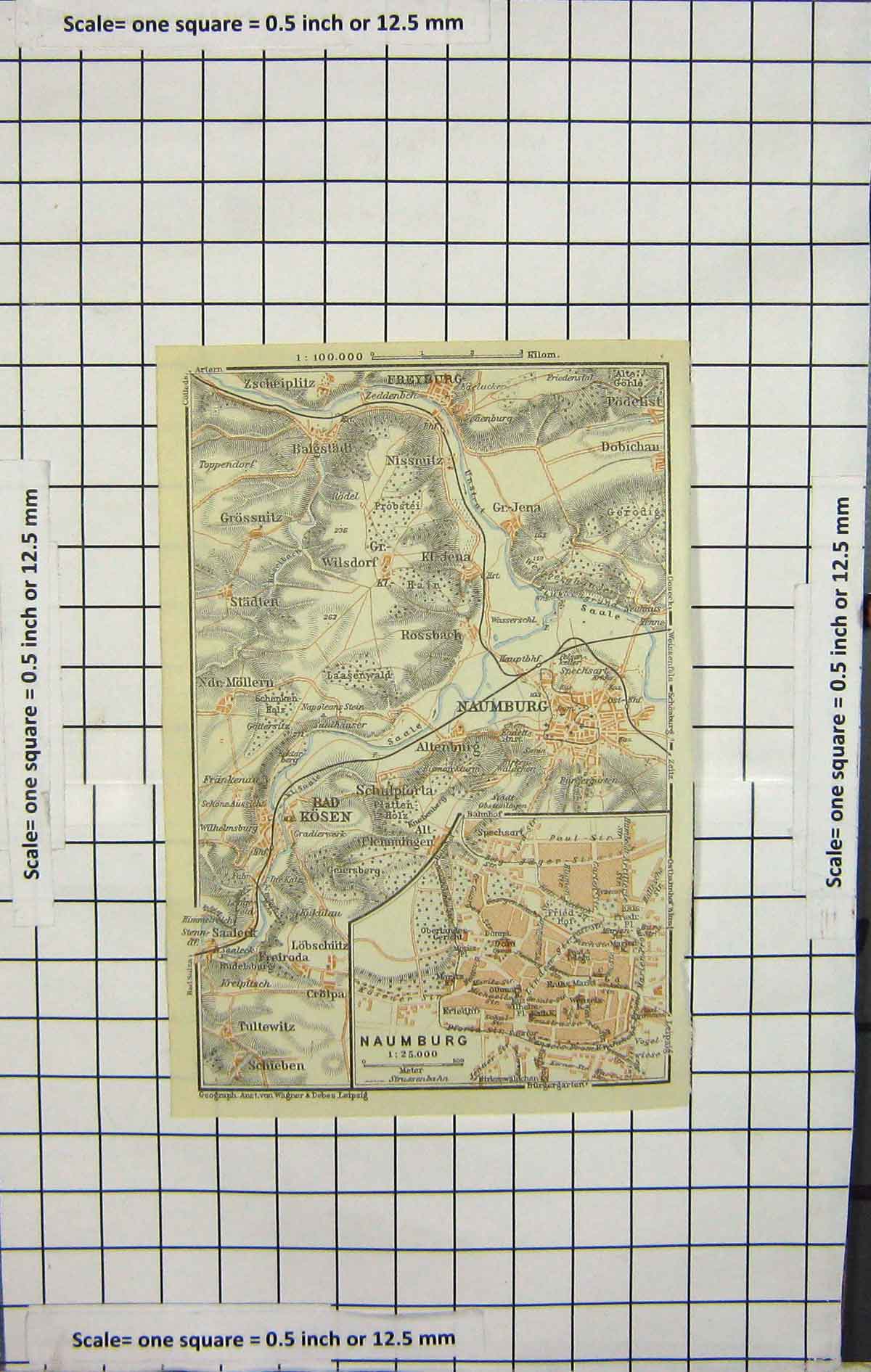 Original Old Antique Print Map Germany Street Plan Naumburg Bad Kosen