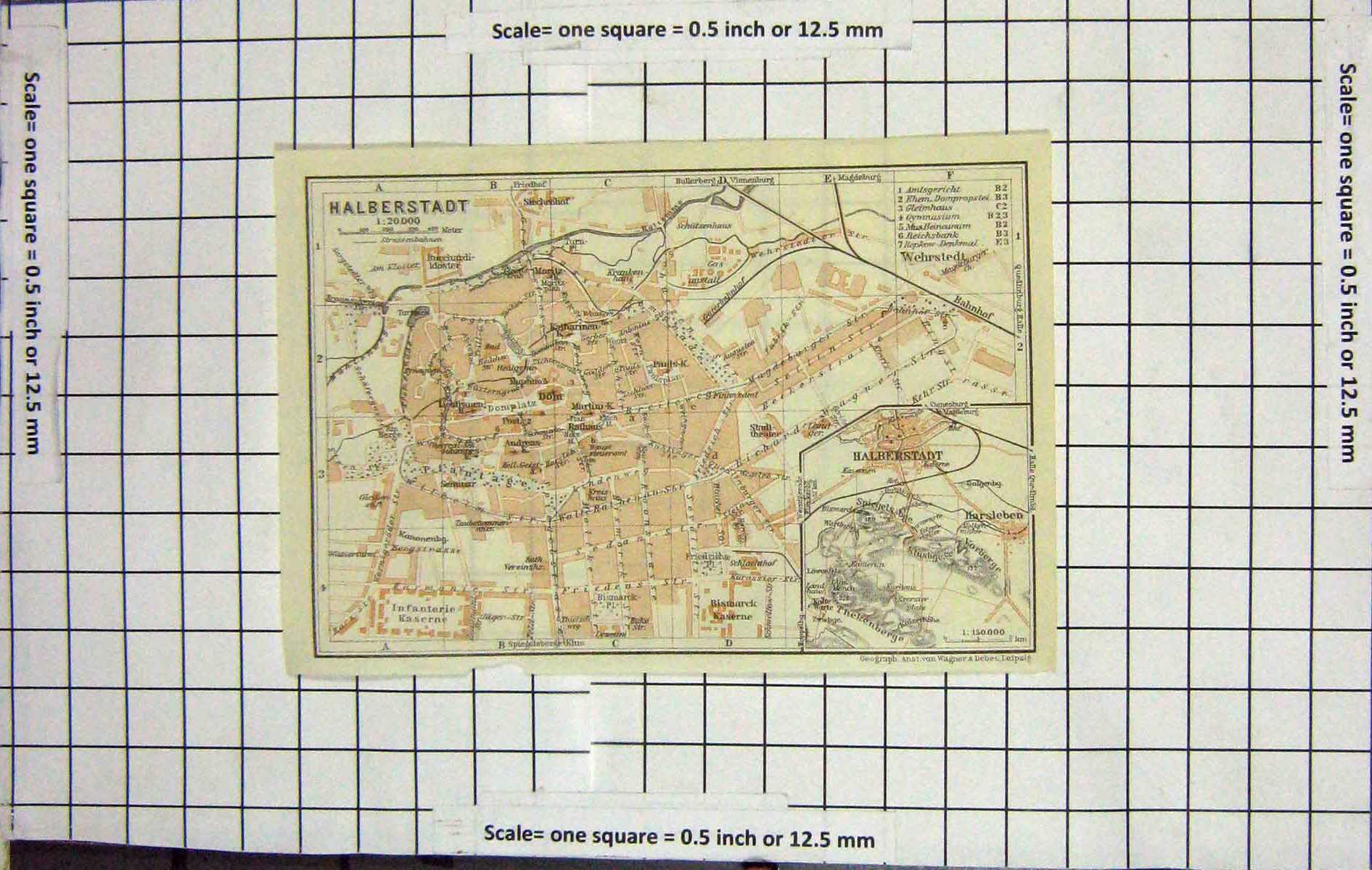 Original Old Antique Print *104 Map Germany Street Plan Halberstadt Harsleben