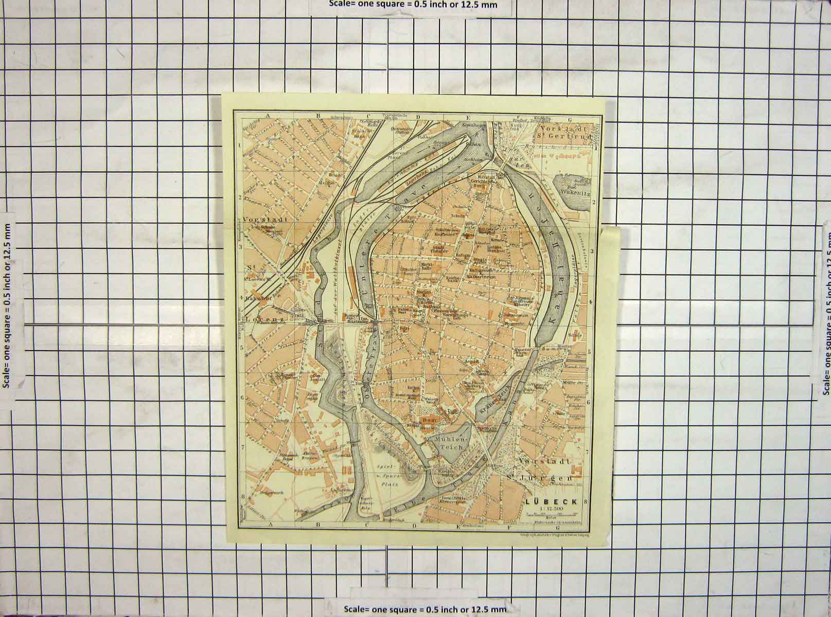 Original Old Antique Print Map Germany Street Plan Lubeck Elbe Trave River