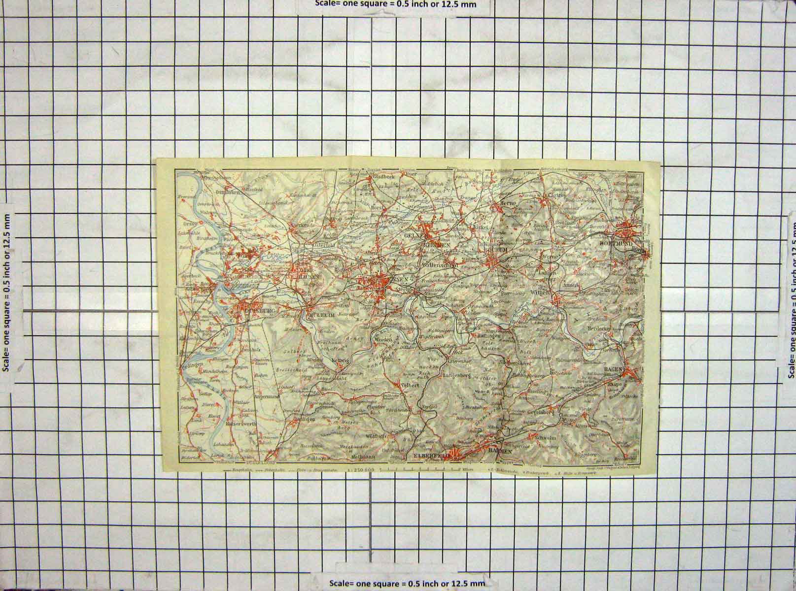 Original Old Antique Print Map Germany Duisburg Essen Dortmund Kirchen