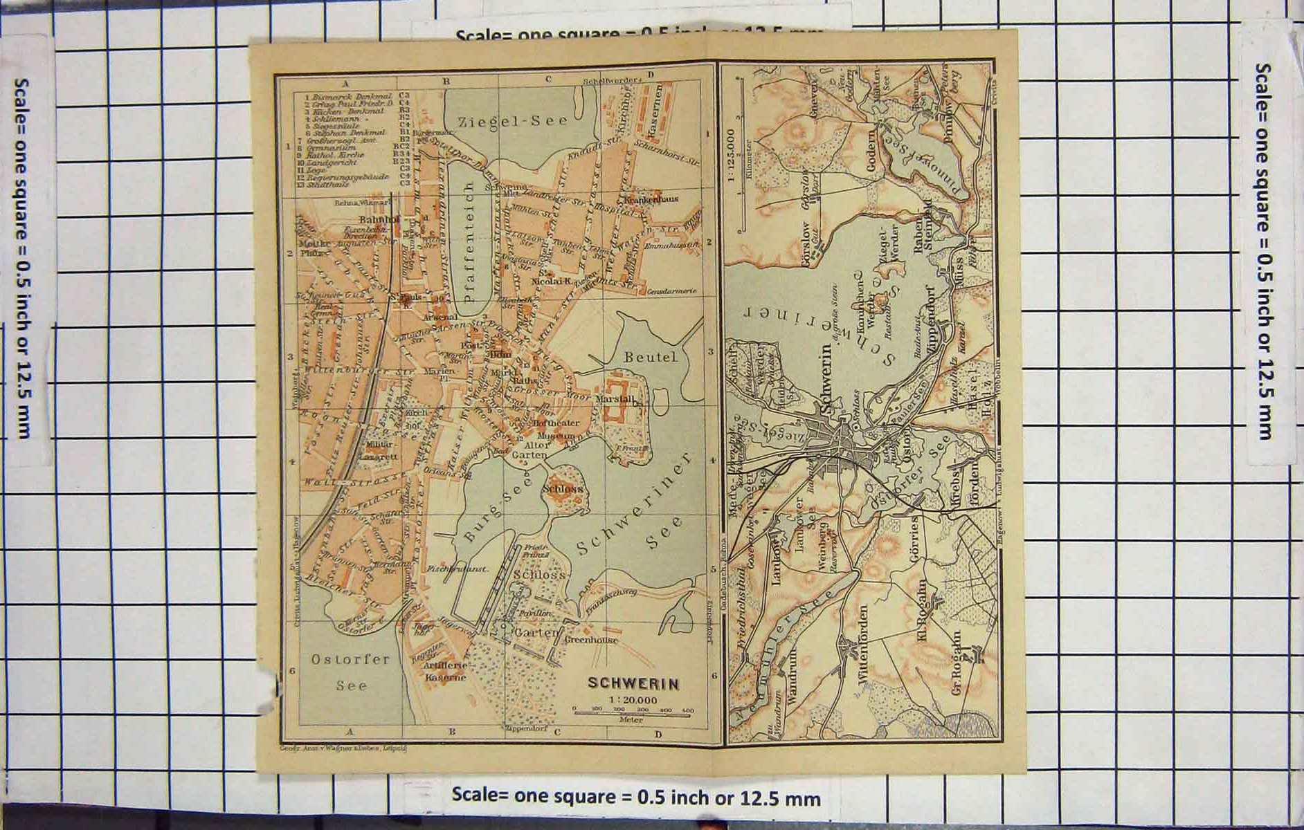 Original Old Antique Print Map Germany Street Plan Schwerin Beutel Ziegel