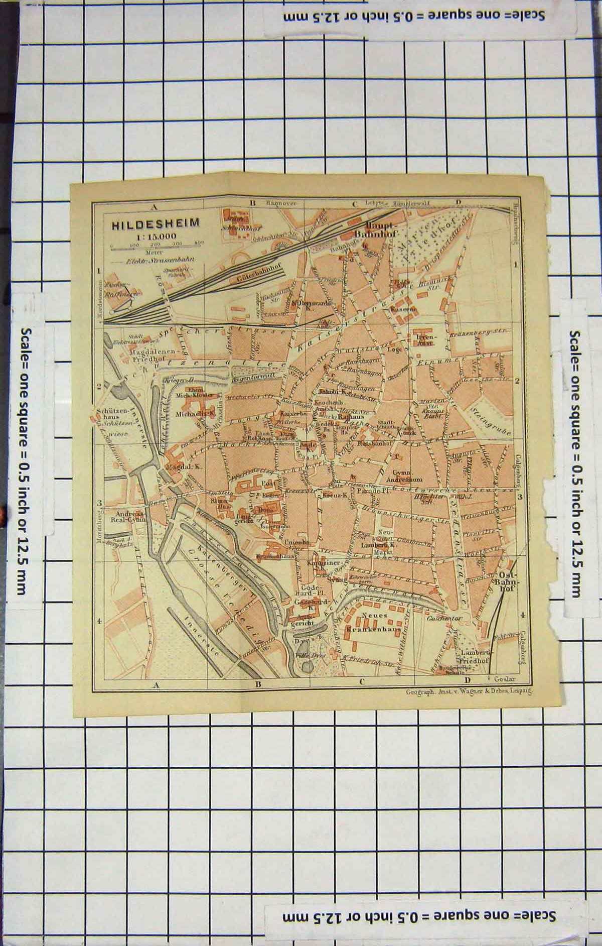 Original Old Antique Print Map Germany Street Plan Hildesheim Krankenhaus