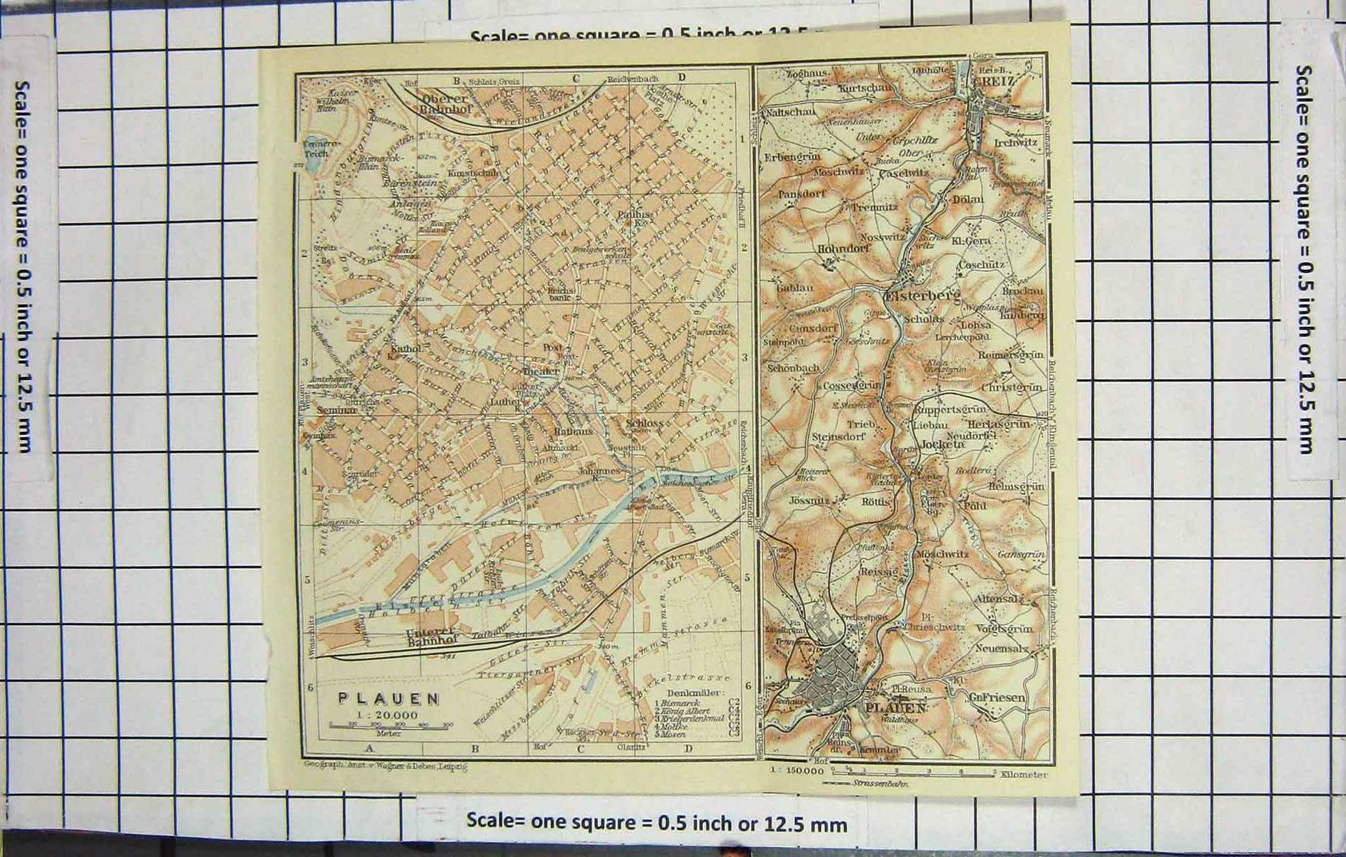 Original Old Antique Print Map Germany Street Plan Plauen Greiz Elsterberg