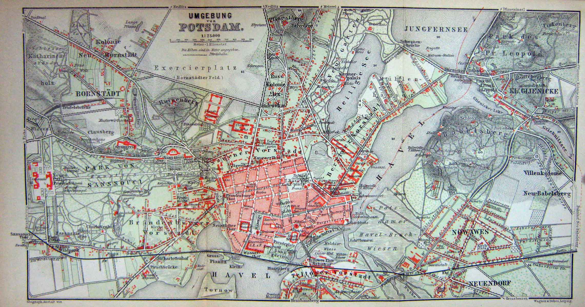 Original Old Antique Print Map Germany Street Plan Umgebung Potsdam