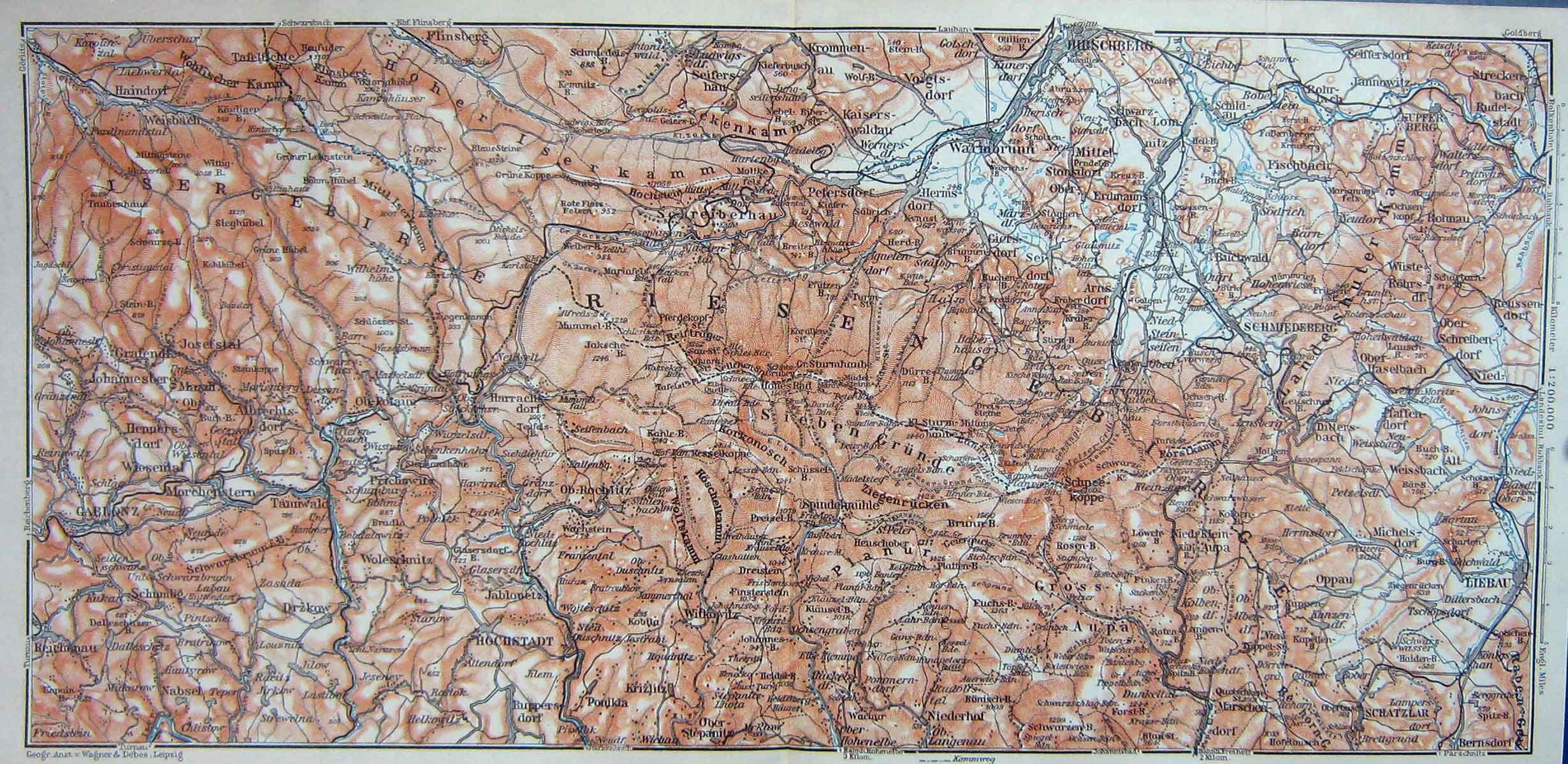 Original Old Antique Print Map Germany Hochstadt Liebau Hurschberg