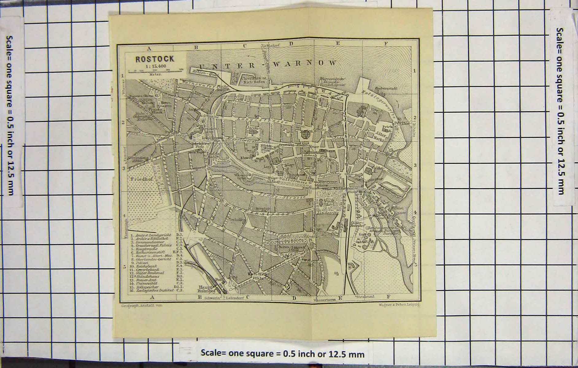 Original Old Antique Print Map Germany Street Plan Rostock Unter-Warnow