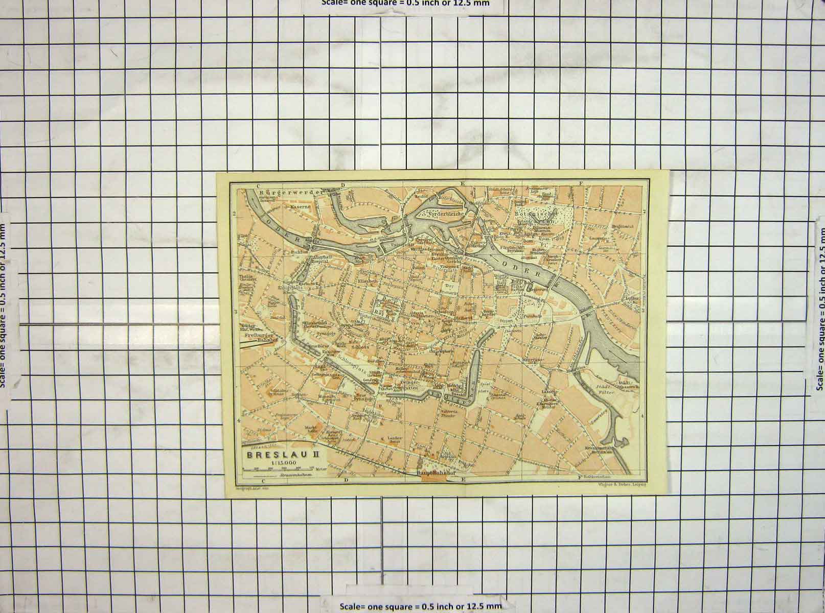 Original Old Antique Print Map Germany Street Plan Breslaui Oder River