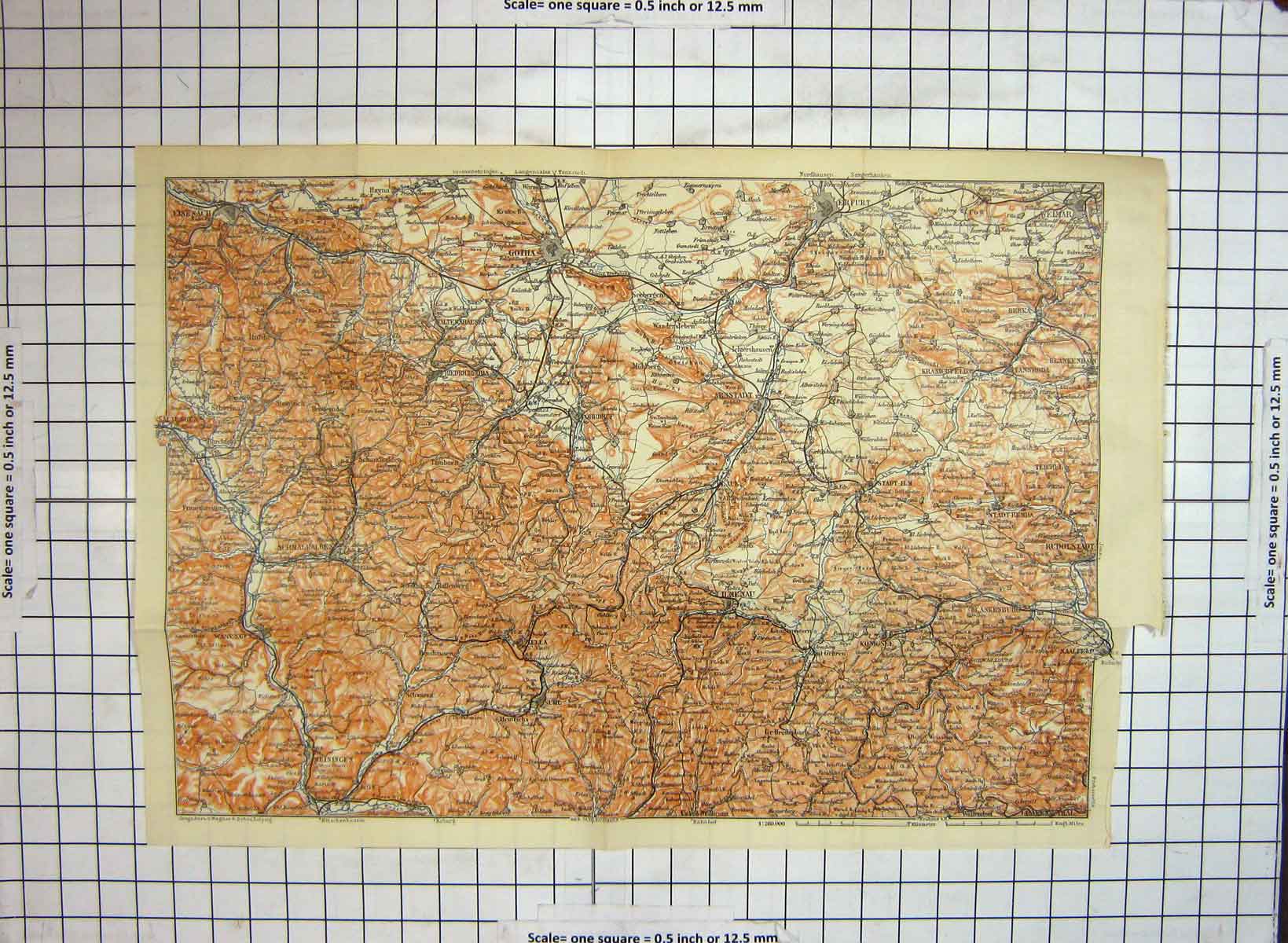 Original Old Antique Print Map Germany Gotha Ilmenau Arnstadt Weimar