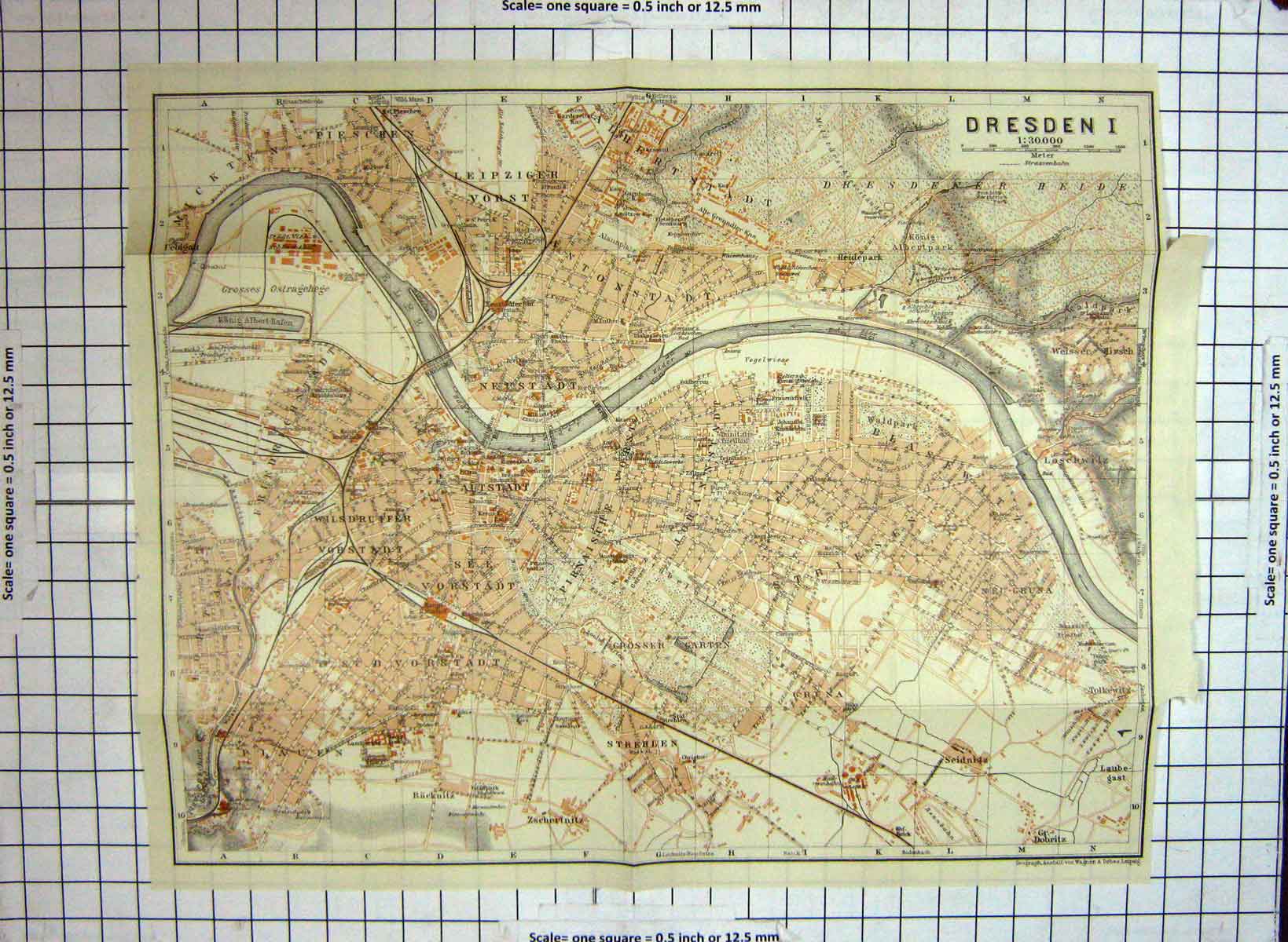 Original Old Antique Print Map Germany Street Plan Dresden River Elbe