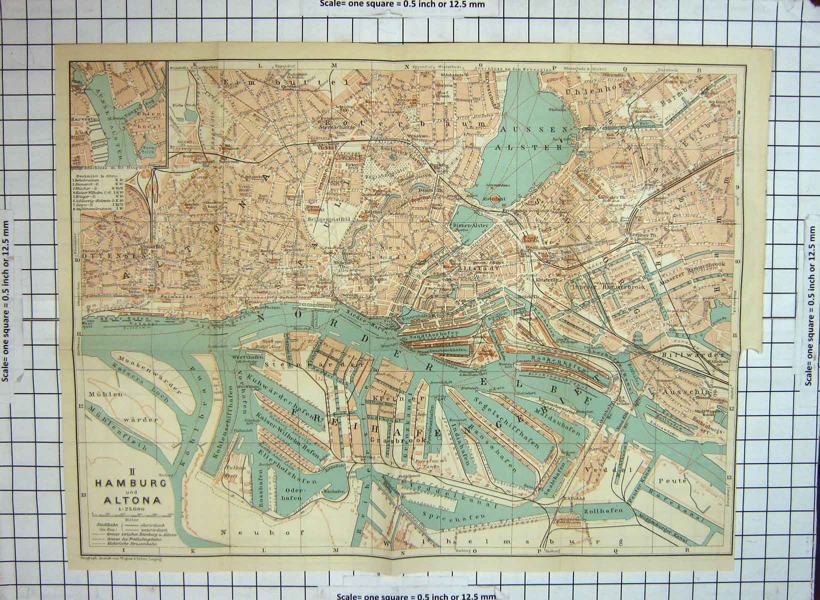Original Old Antique Print Map Germany Street Plan Hamburg Altona Elbe