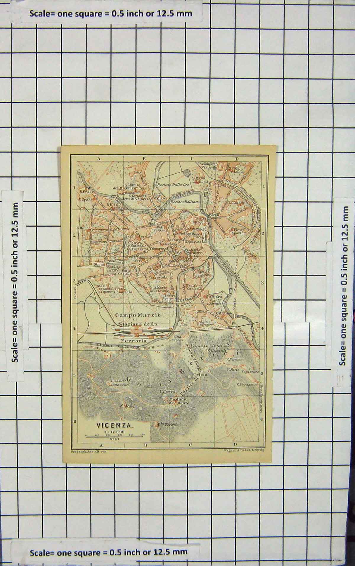Original Old Antique Print Map Italy Street Plan Vicenza Campo Marzio