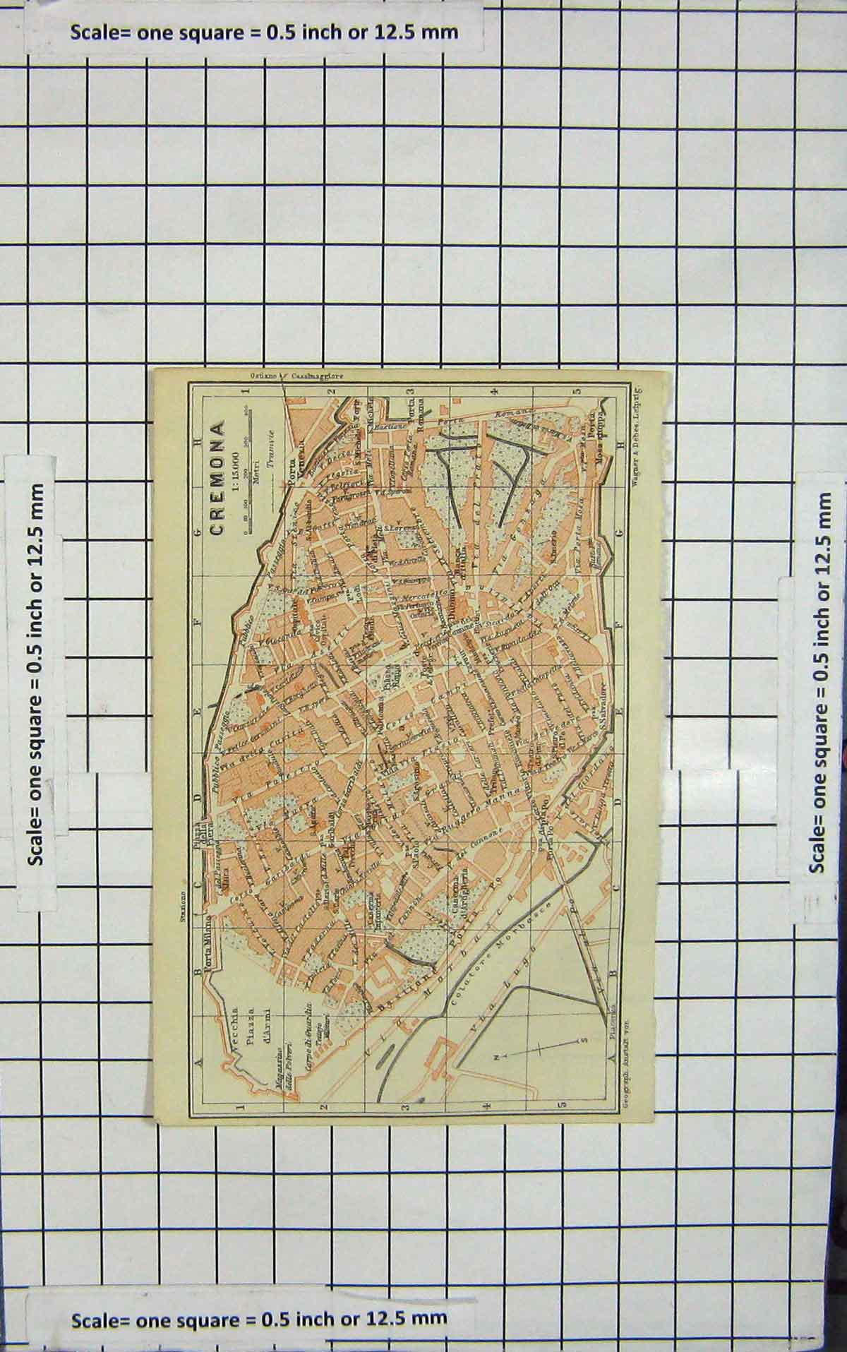 Original Old Antique Print Map Italy Street Plan Cremona Piazza D'Armi