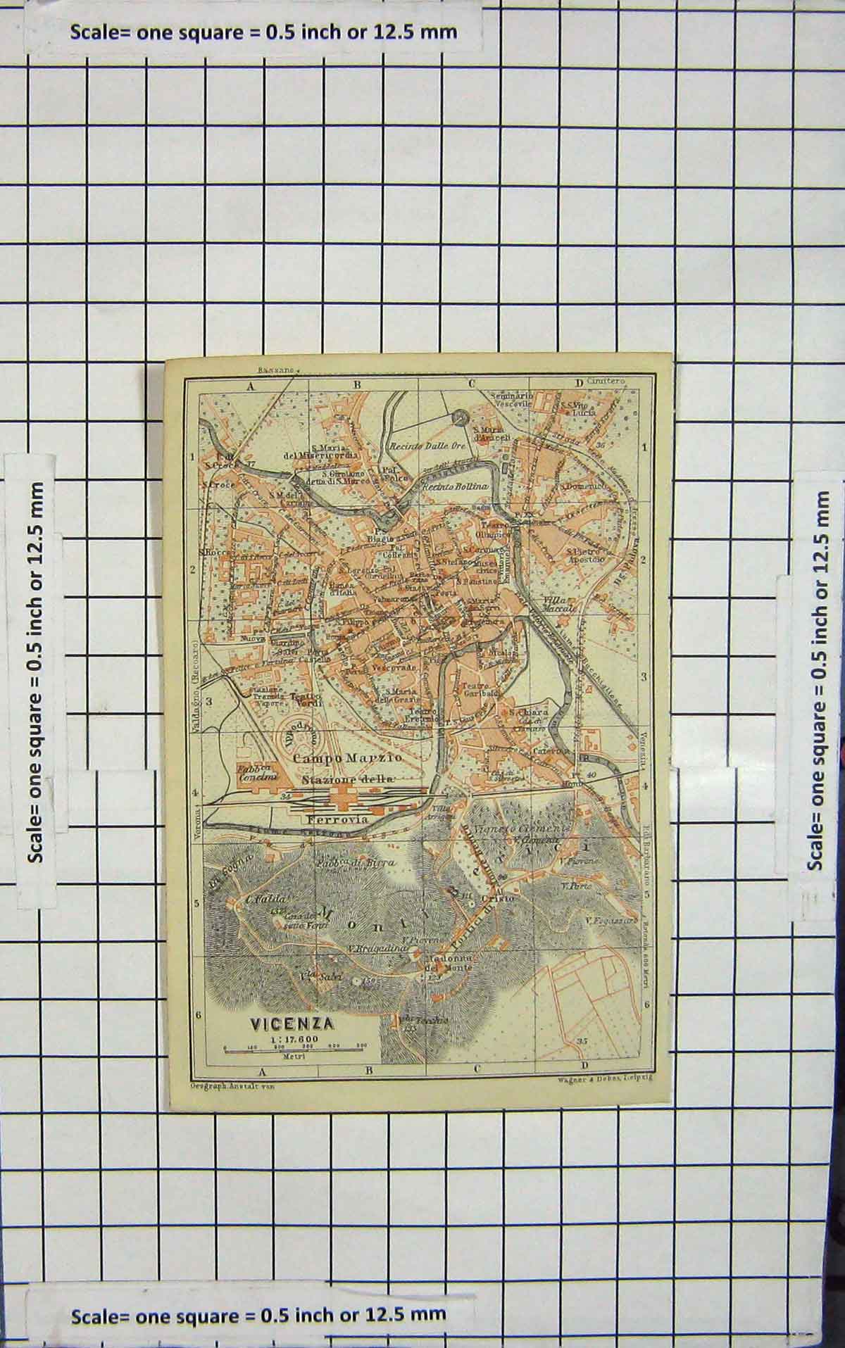 Original Old Antique Print Ref.81 Map Italy Street Plan Vicenza Campo Marzio
