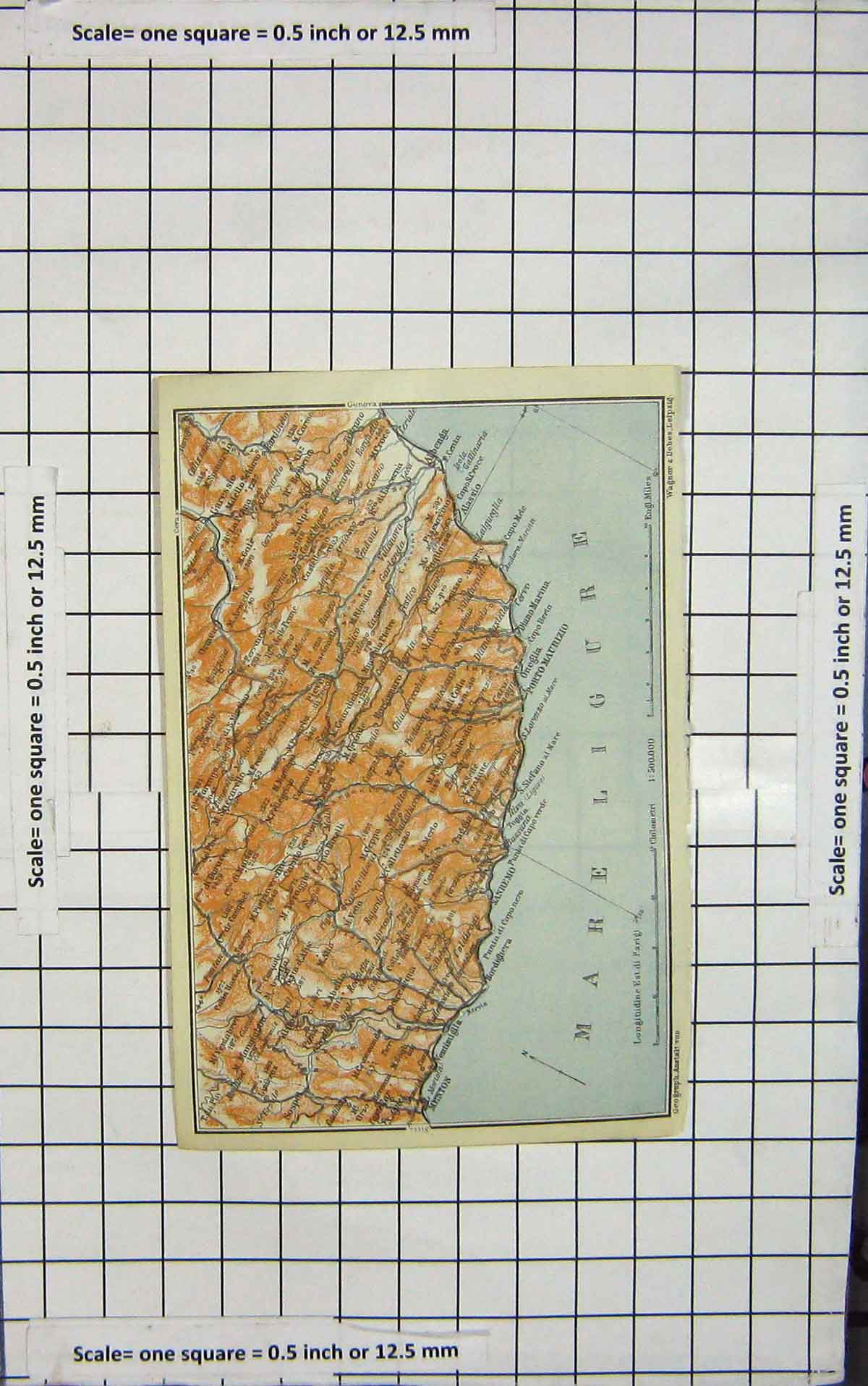 Original Old Antique Print Map Italy San Remo Menton Porto Maurizio