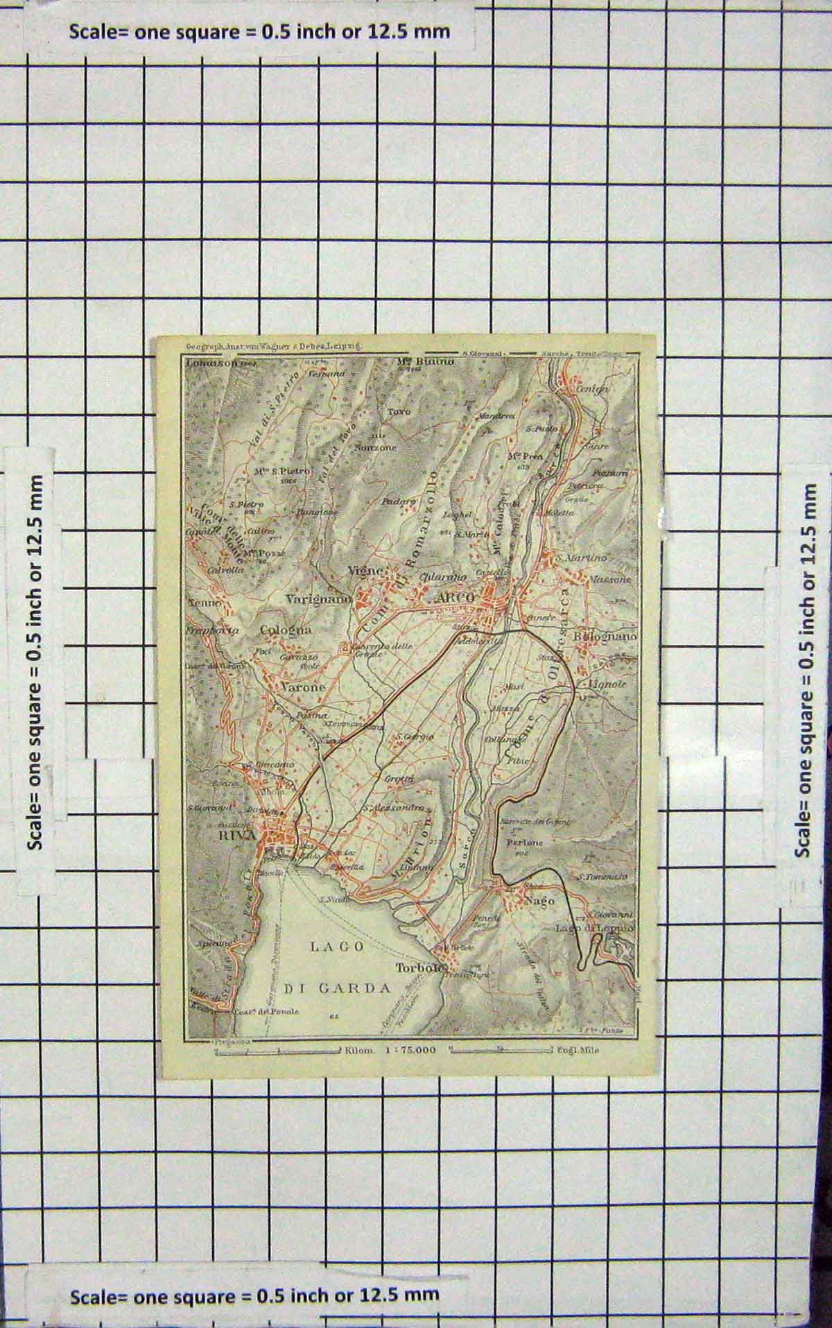 Original Old Antique Print Map Italy Plan Arco Riva Torbole Bolognano