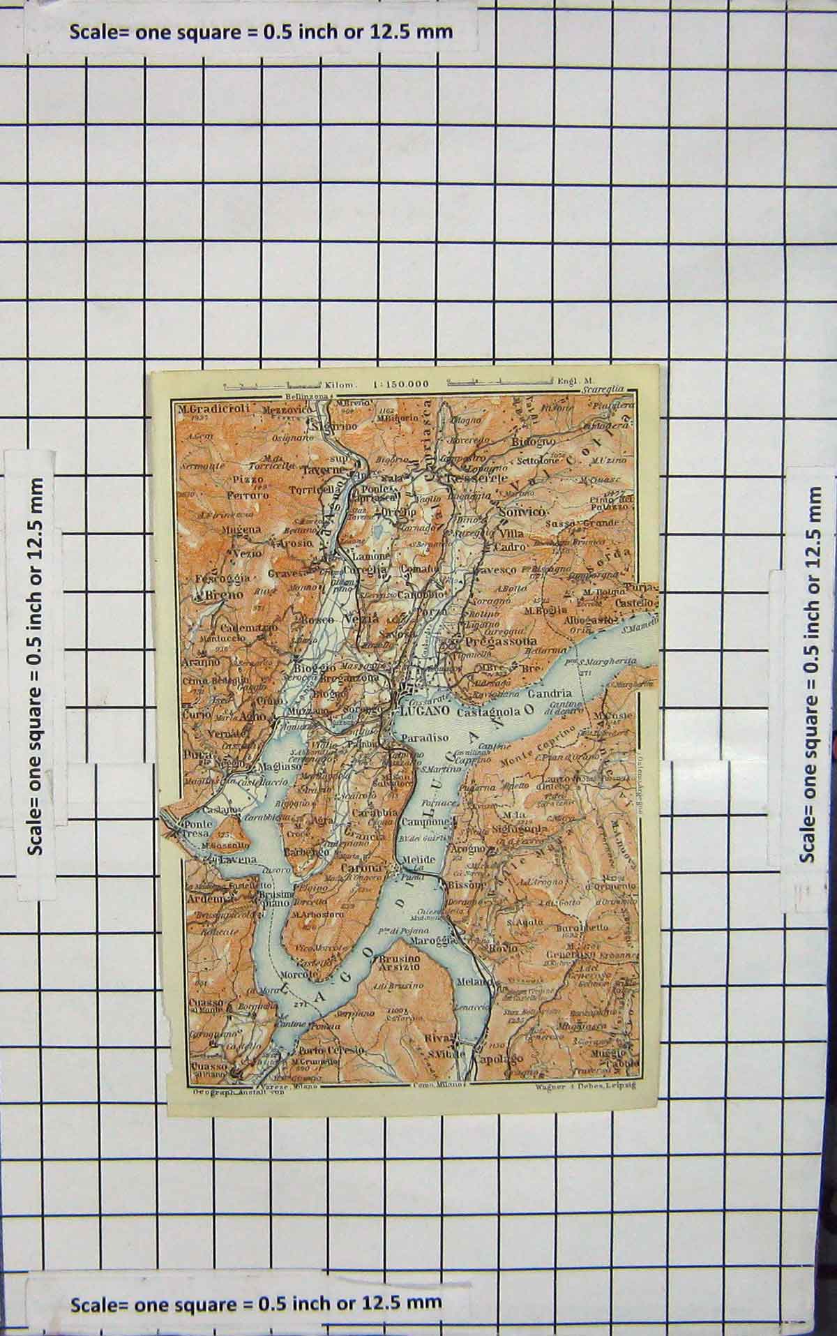 Original Old Antique Print Map Italy Lugano Carona Melano Bireno