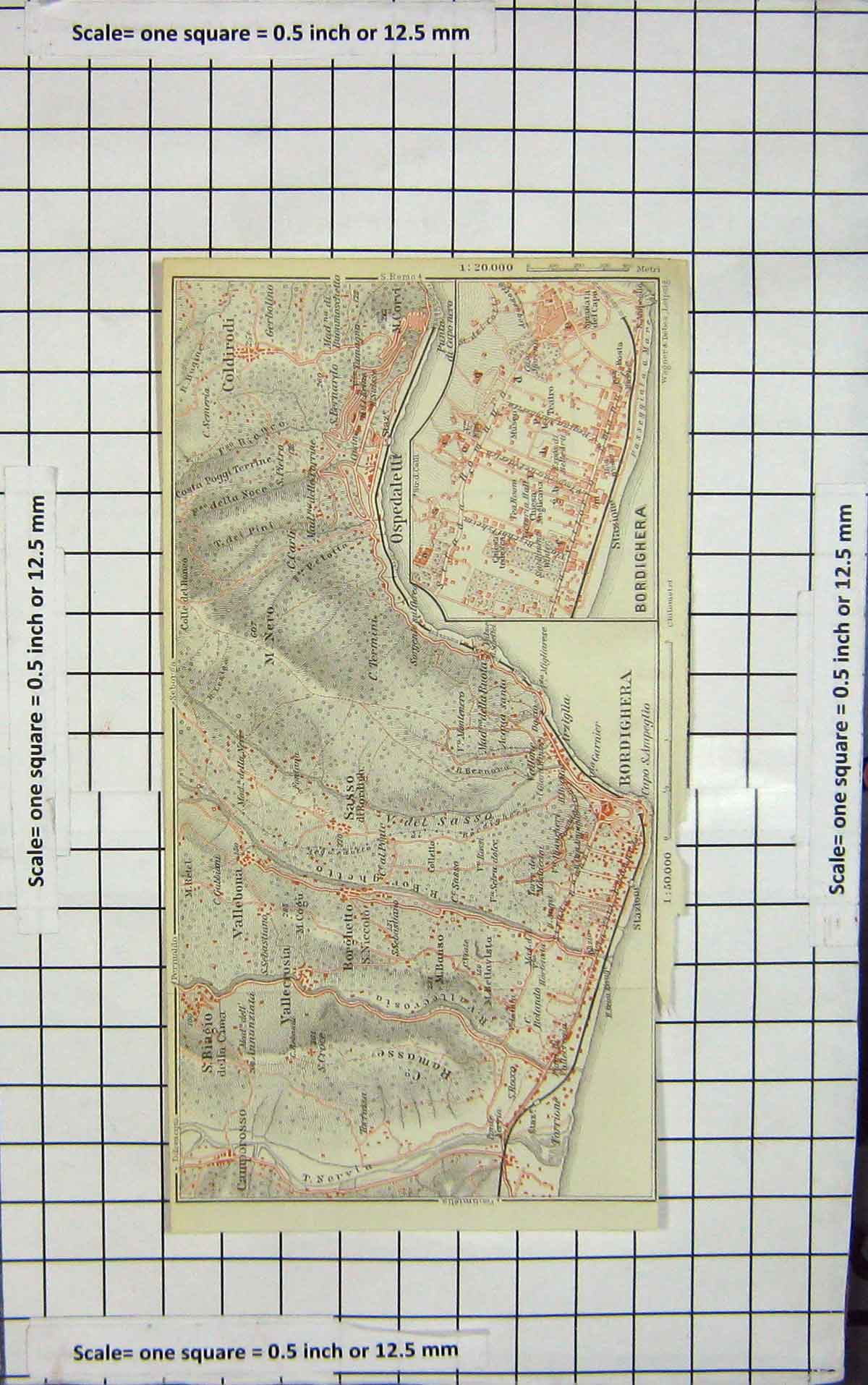 Original Old Antique Print Map Italy Plan Bordighera Ospedaletti Sasso