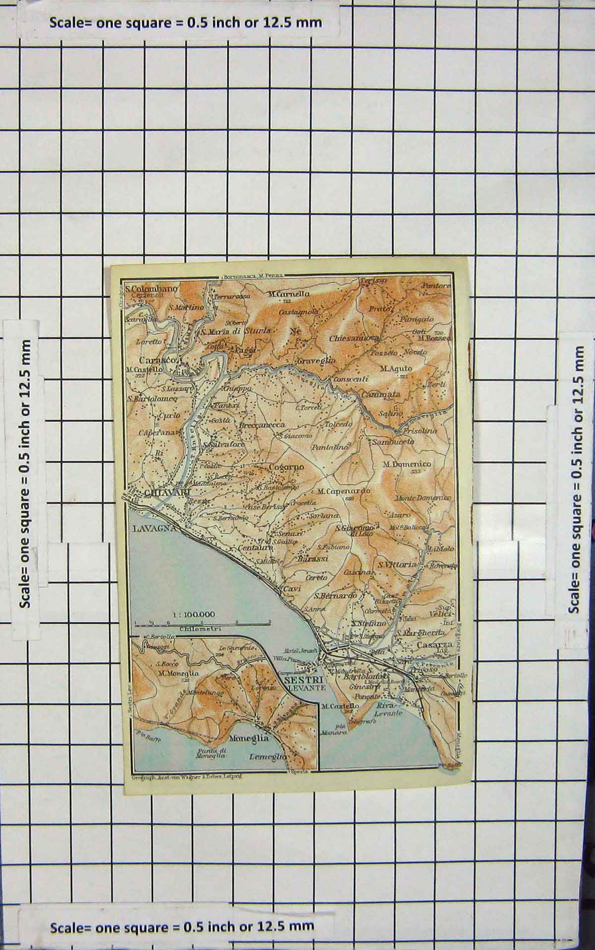 Original Old Antique Print Map Italy Sestri Moneglia Lavagna Chiavari