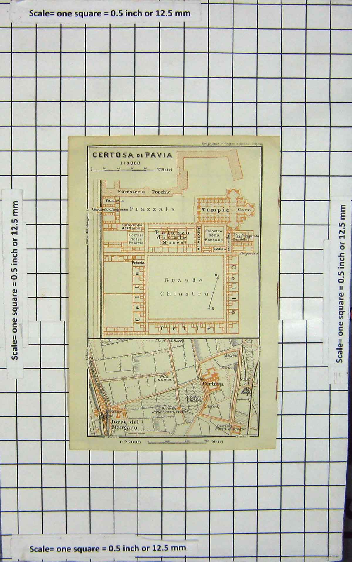 Original Old Antique Print Map Italy Plan Certosa Pavia Torre Mangano