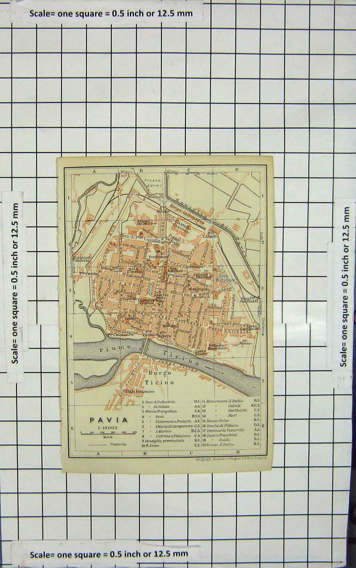 Original Old Antique Print Map Italy Street Plan Pavia Borgo Ticino River