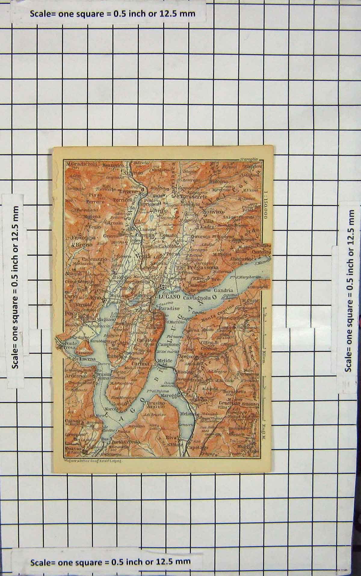 Original Old Antique Print Map Italy Lugano Carona Breno Sonvico