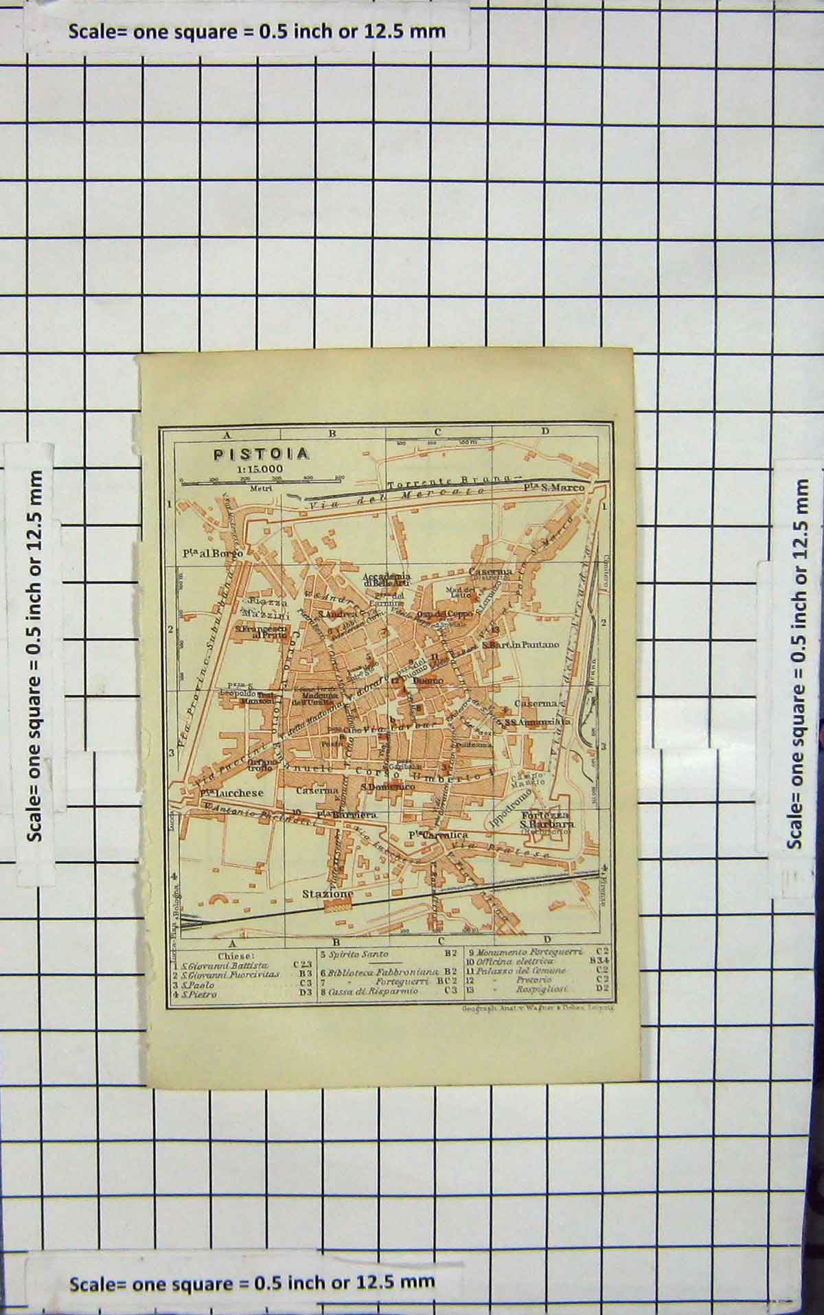 Original Old Antique Print Map Italy Street Plan Pistoia Stazione Barbara