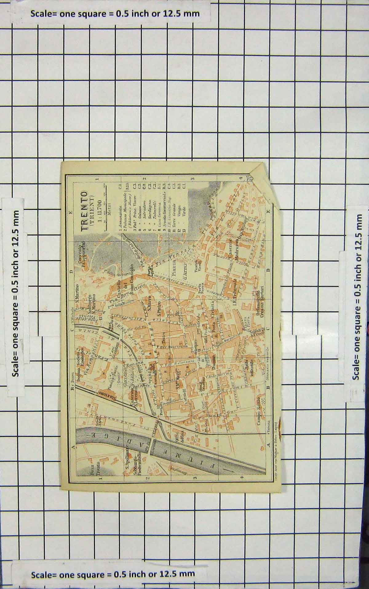 Original Old Antique Print Map Italy Street Plan Trento Trient Adige River