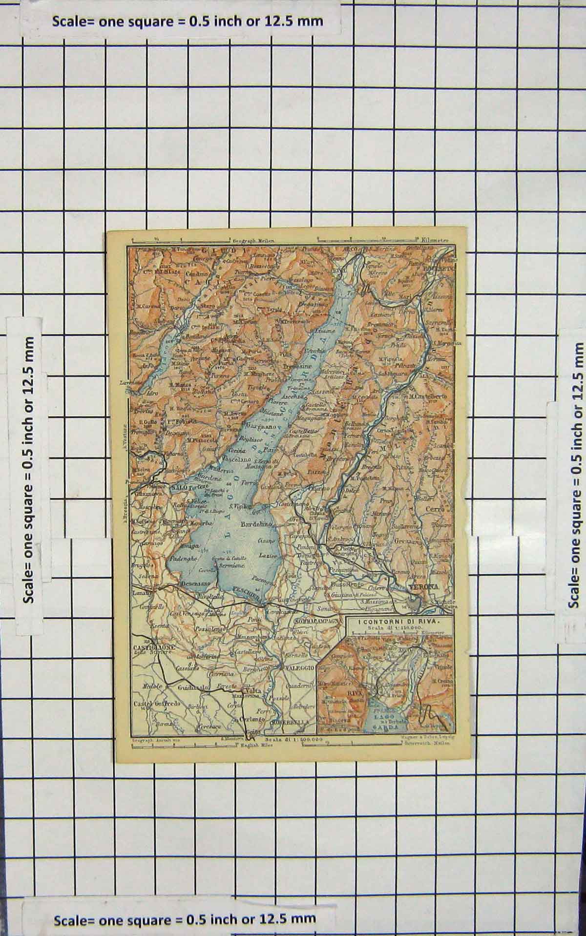 Original Old Antique Print Map Italy Verona Lago Garda Contorni Riva