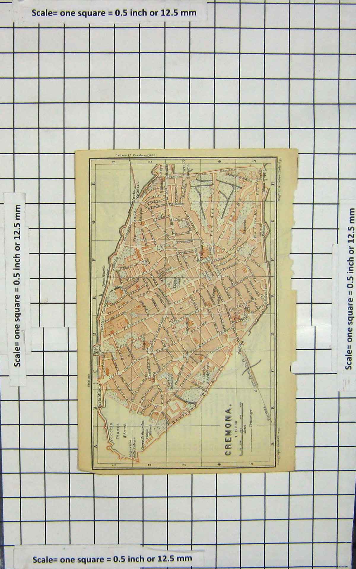 Original Old Antique Print *105 Map Italy Street Plan Cremona Piazza D'Armi
