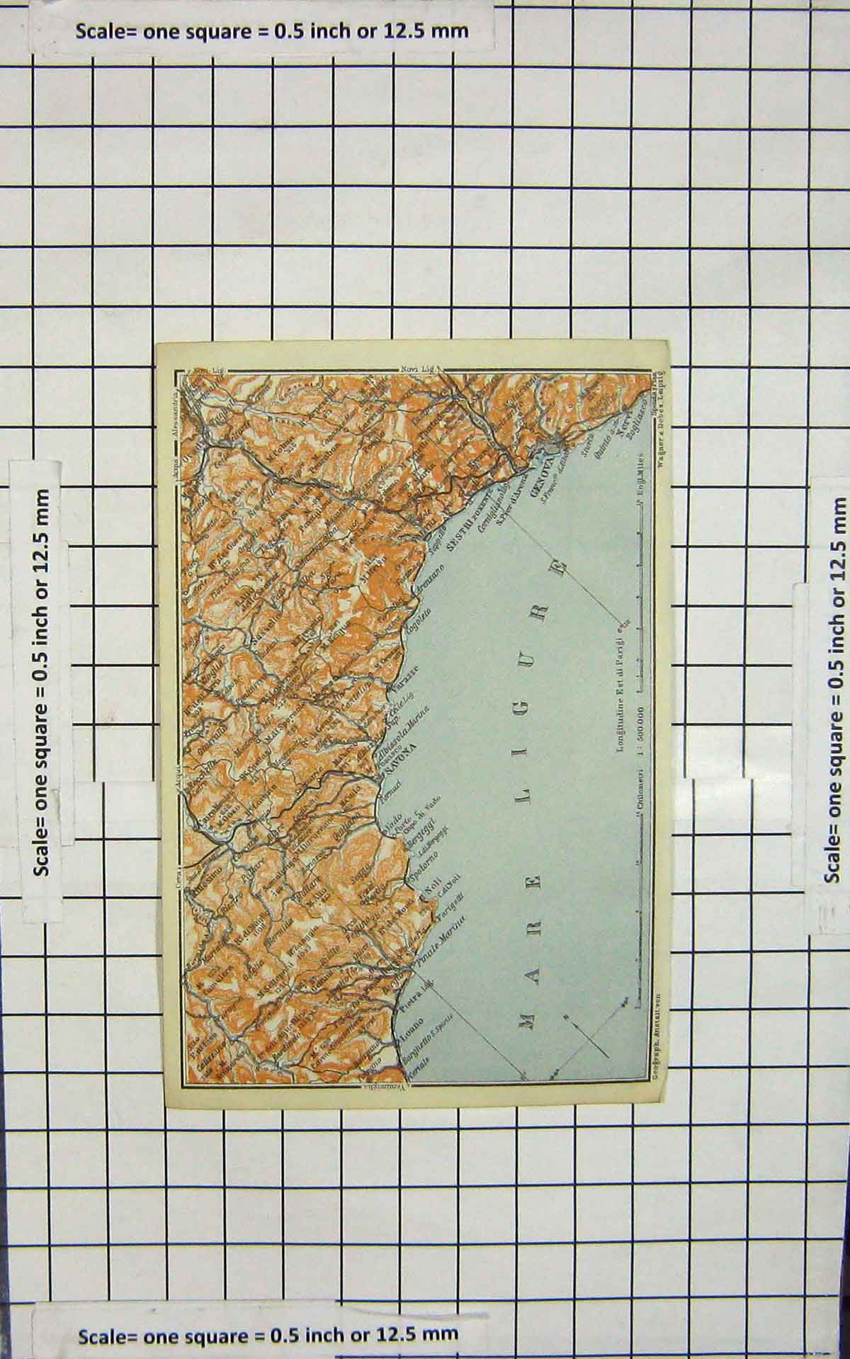 Original Old Antique Print Map Italy Savona Genova Mare Ligure Sestri