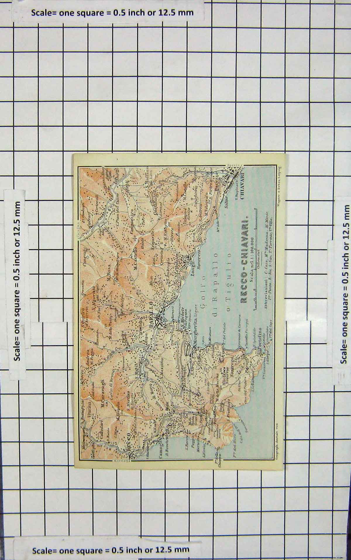 Original Old Antique Print Map Italy Recco Chiavari Portofino Rarallo