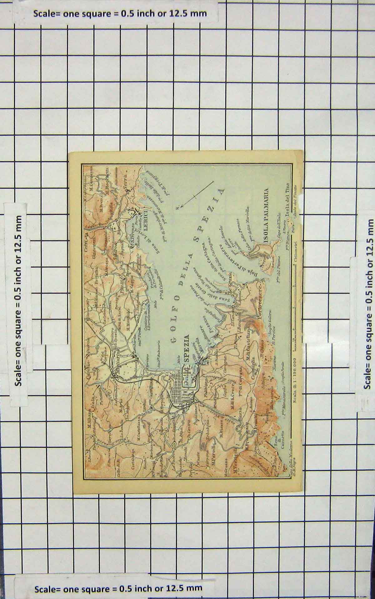 Original Old Antique Print Map Italy Spezia Isola Palmaria Lerici Golfo